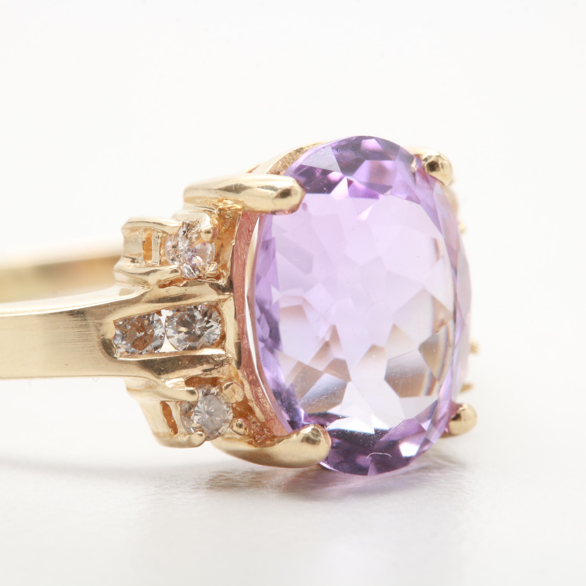 14K Yellow Gold Amethyst and Diamond Ring
