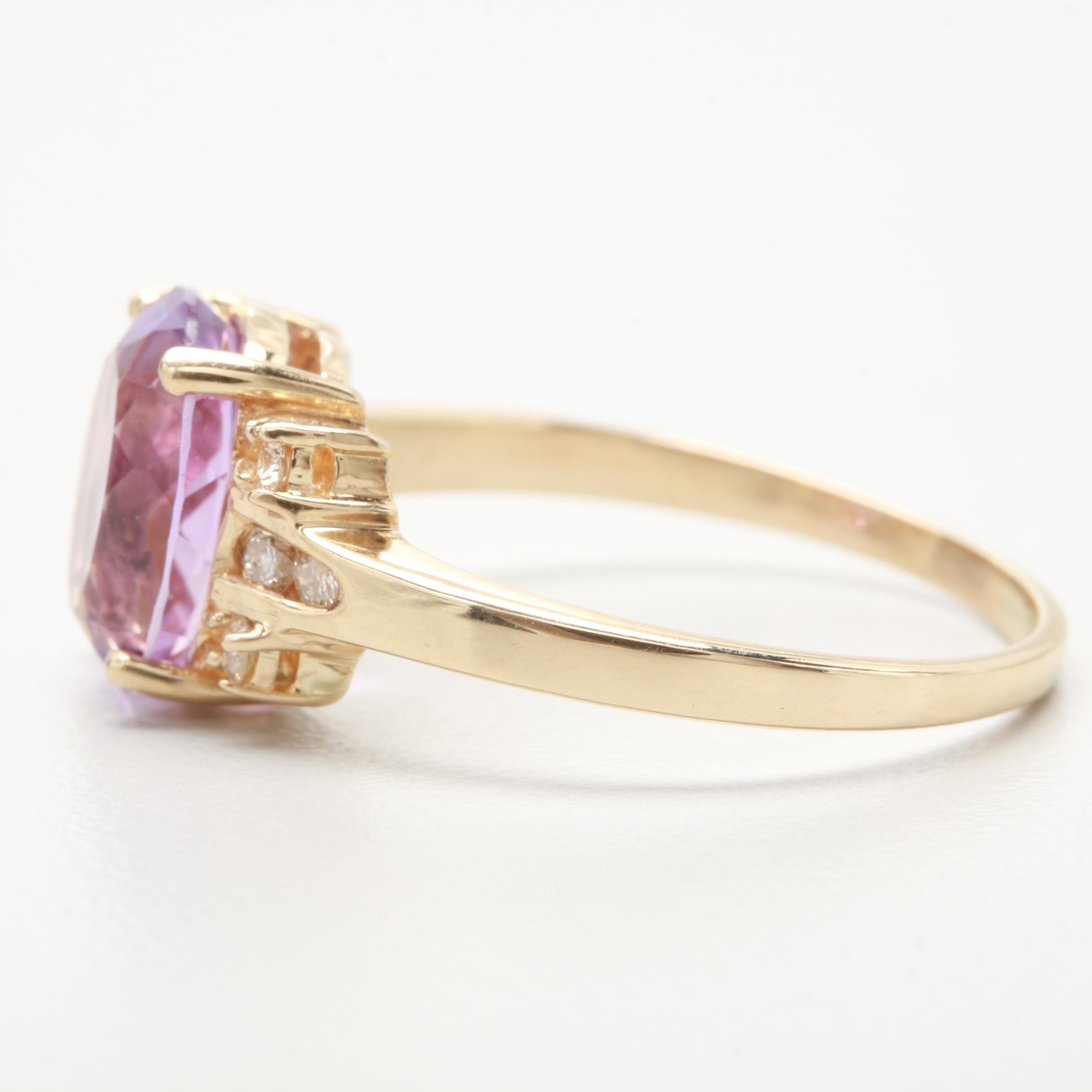 14K Yellow Gold Amethyst and Diamond Ring