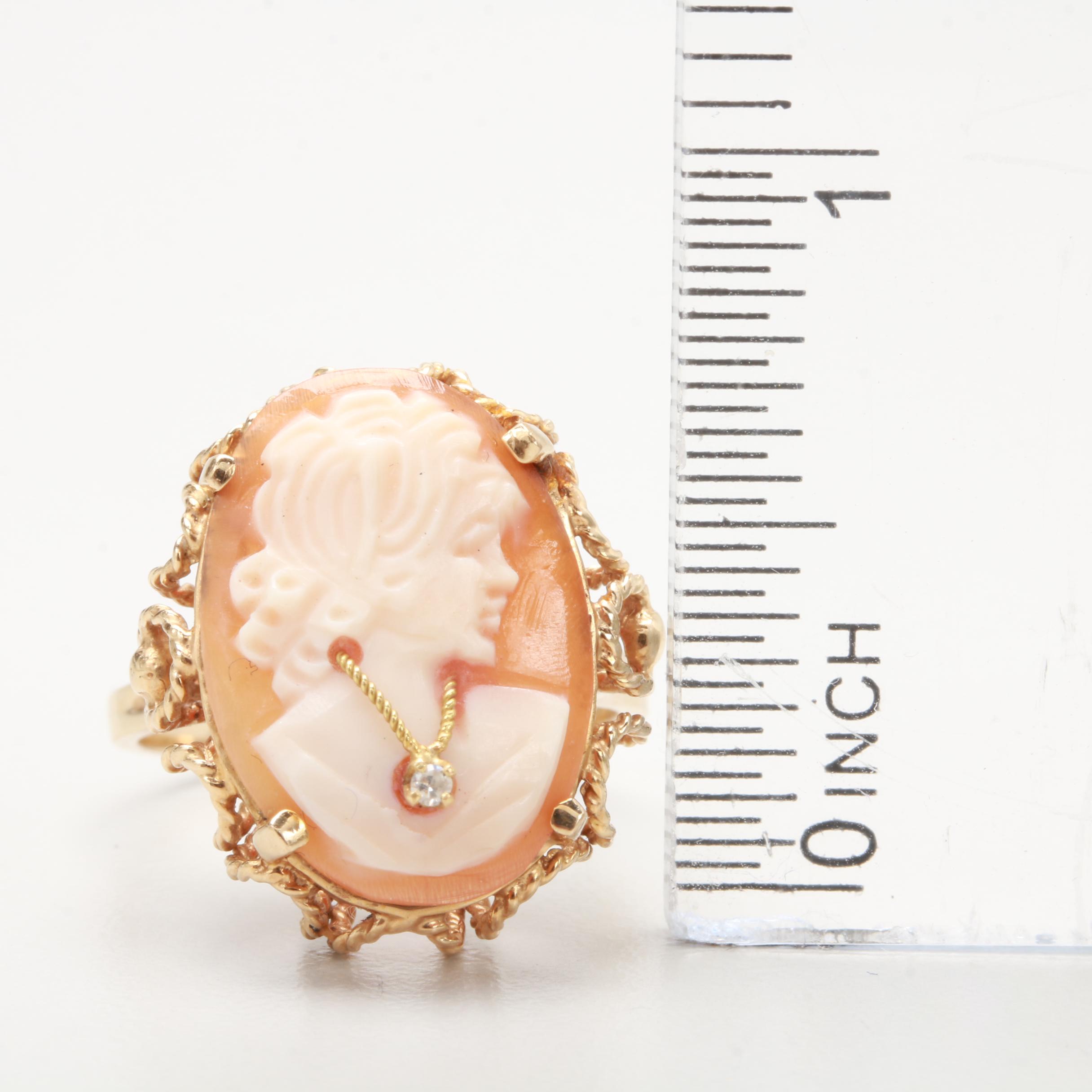 10K Yellow Gold Helmet Shell and Diamond Habillé Cameo Ring