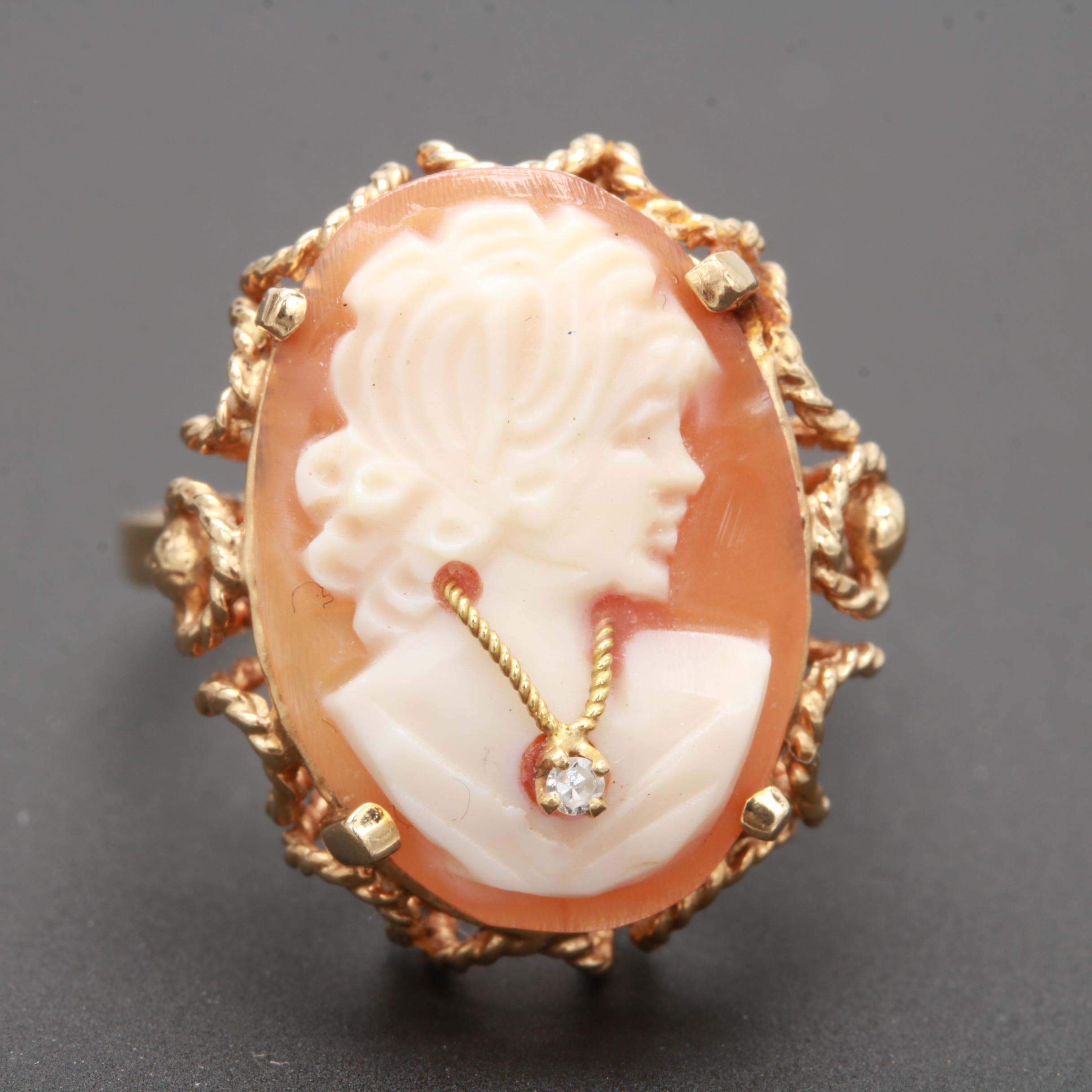 10K Yellow Gold Helmet Shell and Diamond Habillé Cameo Ring