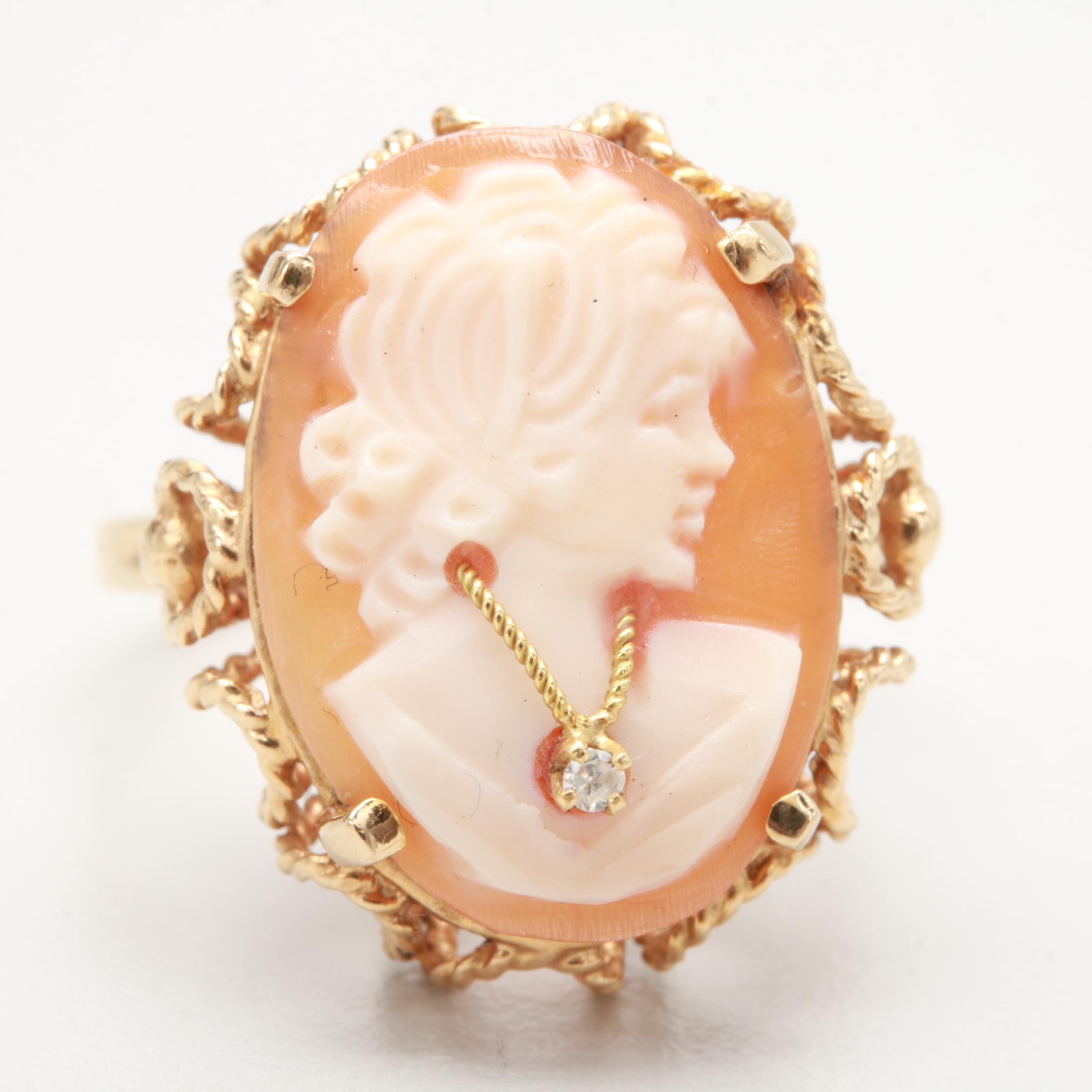 10K Yellow Gold Helmet Shell and Diamond Habillé Cameo Ring