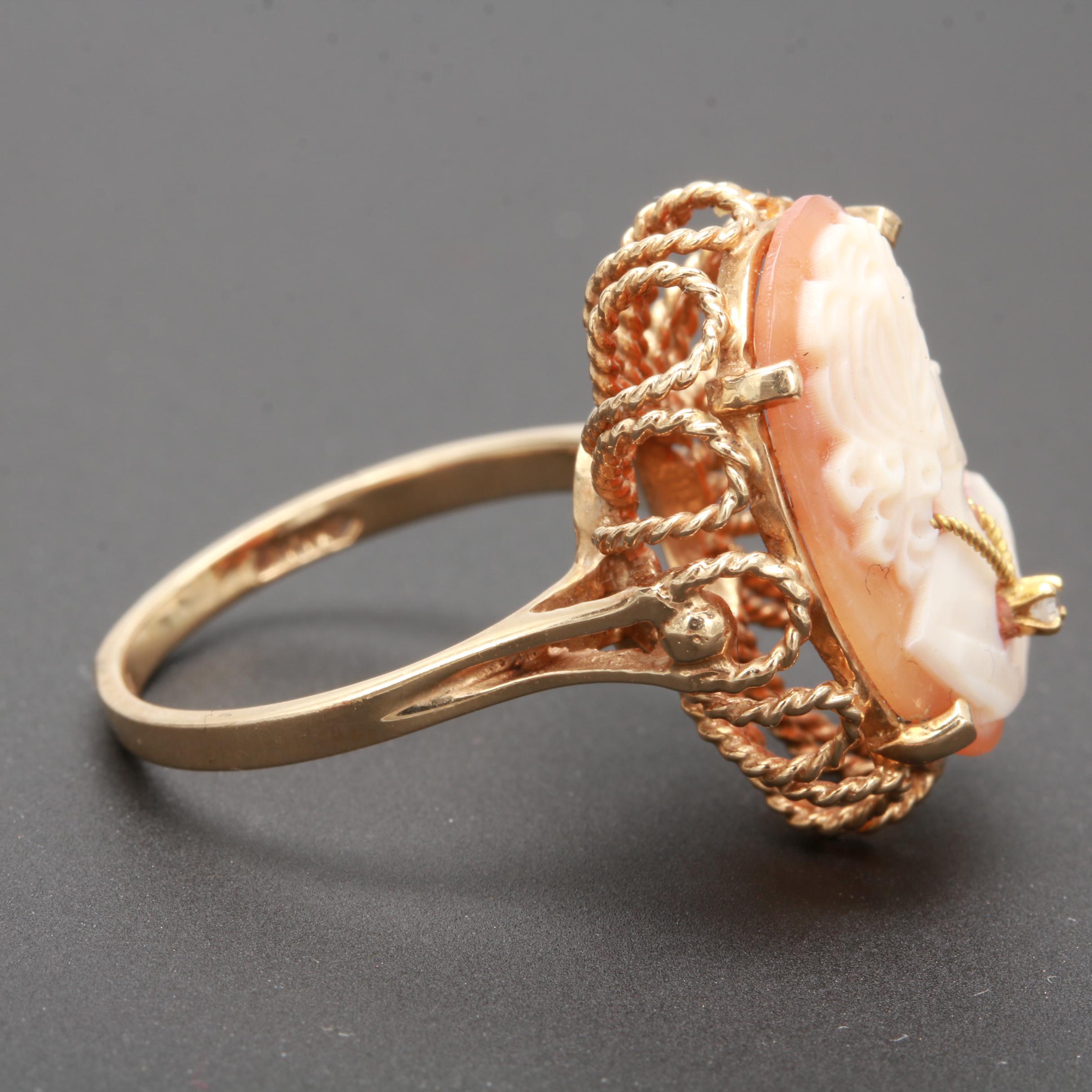 10K Yellow Gold Helmet Shell and Diamond Habillé Cameo Ring