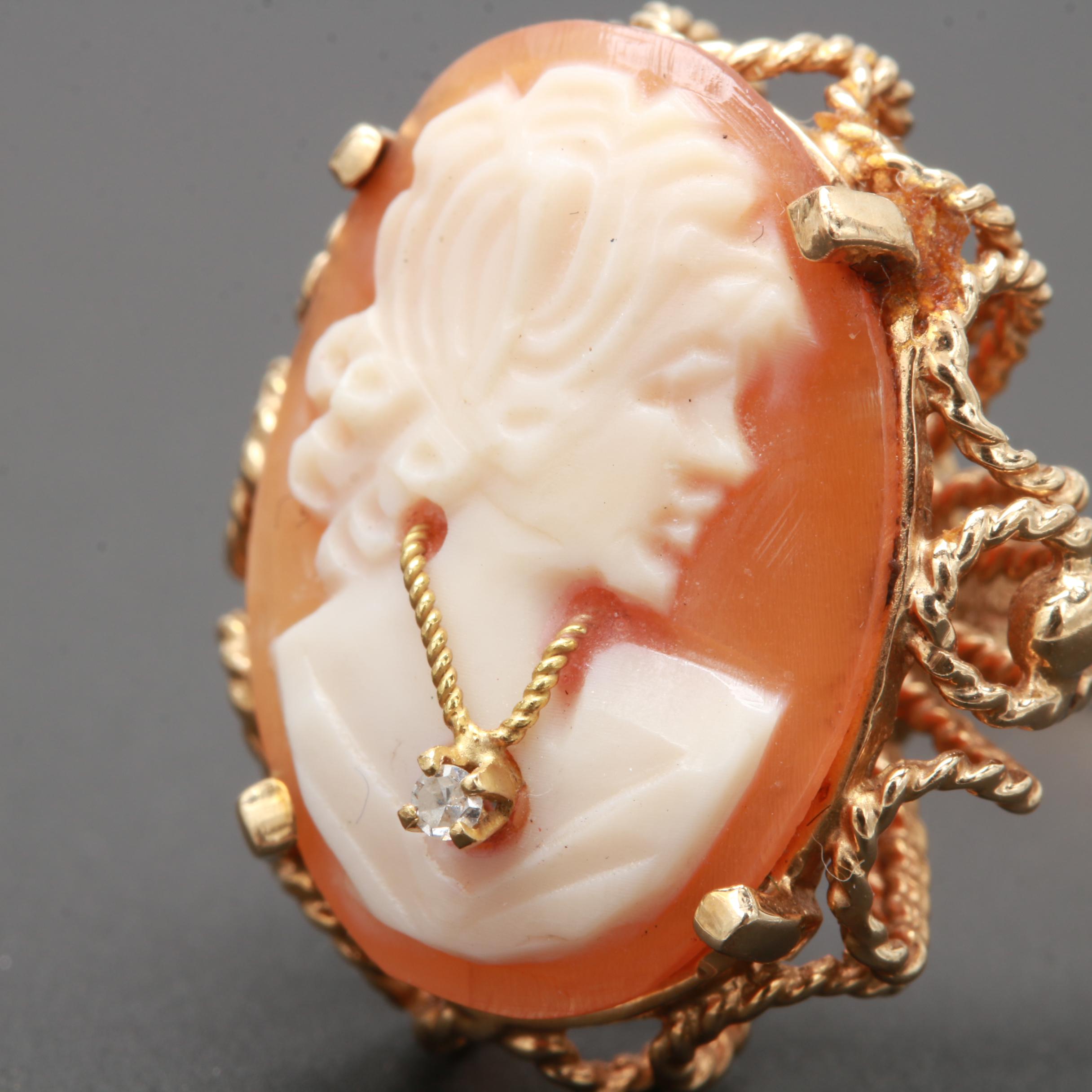 10K Yellow Gold Helmet Shell and Diamond Habillé Cameo Ring