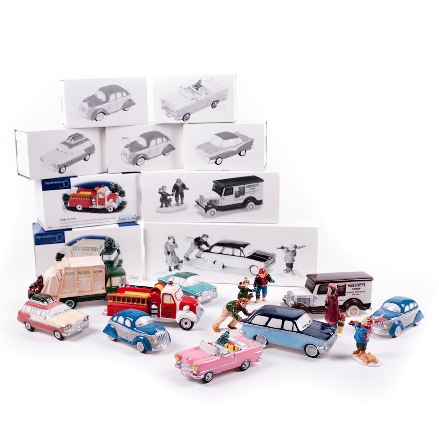 Department 56 "The Snow Village" Hand-Painted Ceramic Cars and Figures