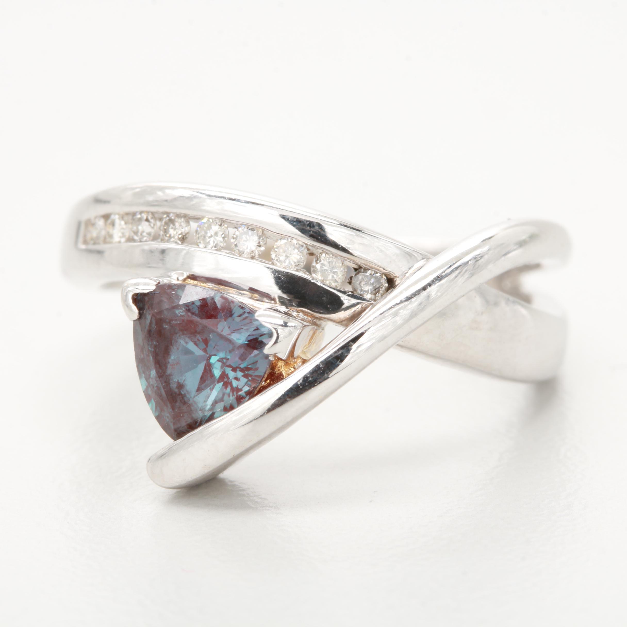 14K White Gold Synthetic Color Change Alexandrite and Diamond Ring