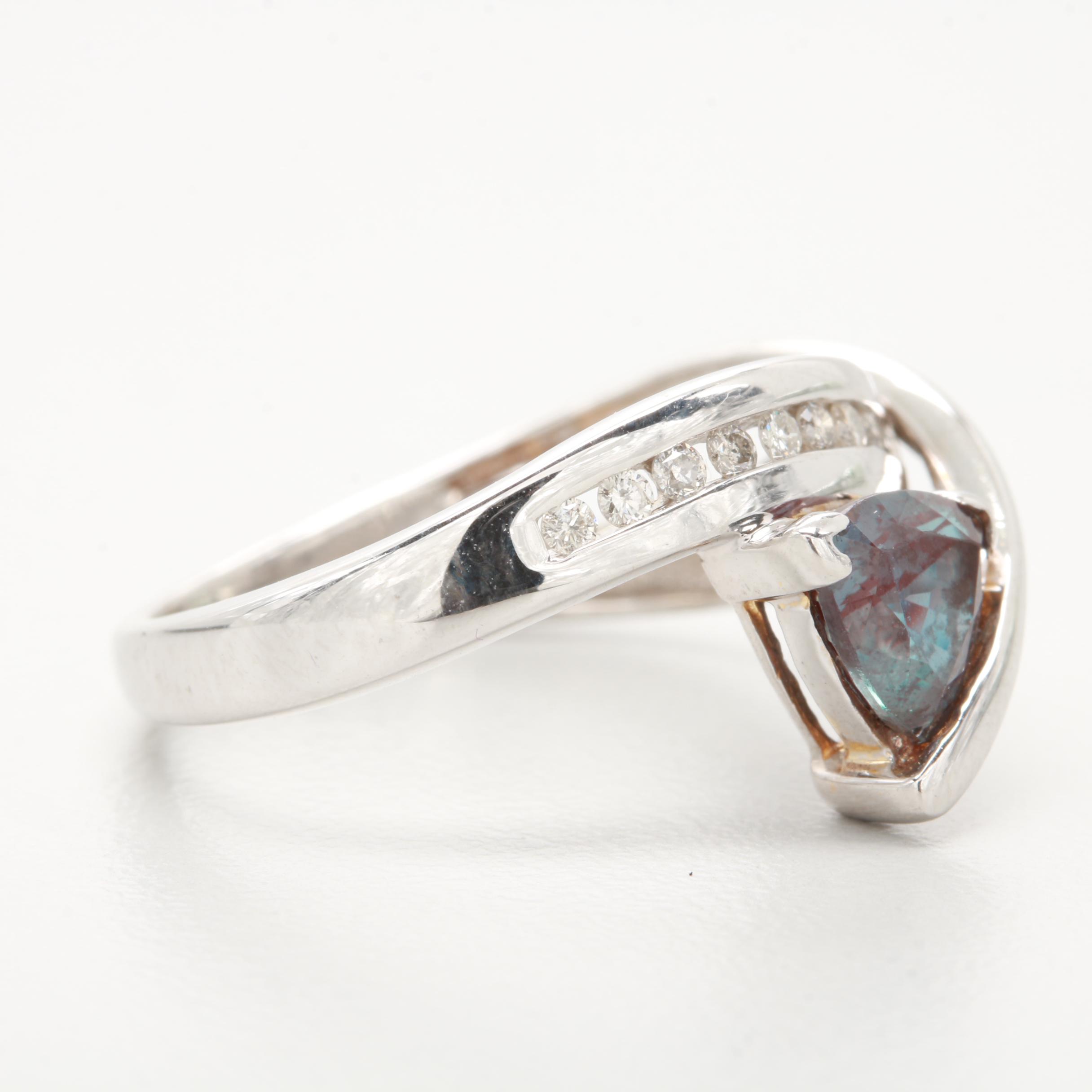 14K White Gold Synthetic Color Change Alexandrite and Diamond Ring