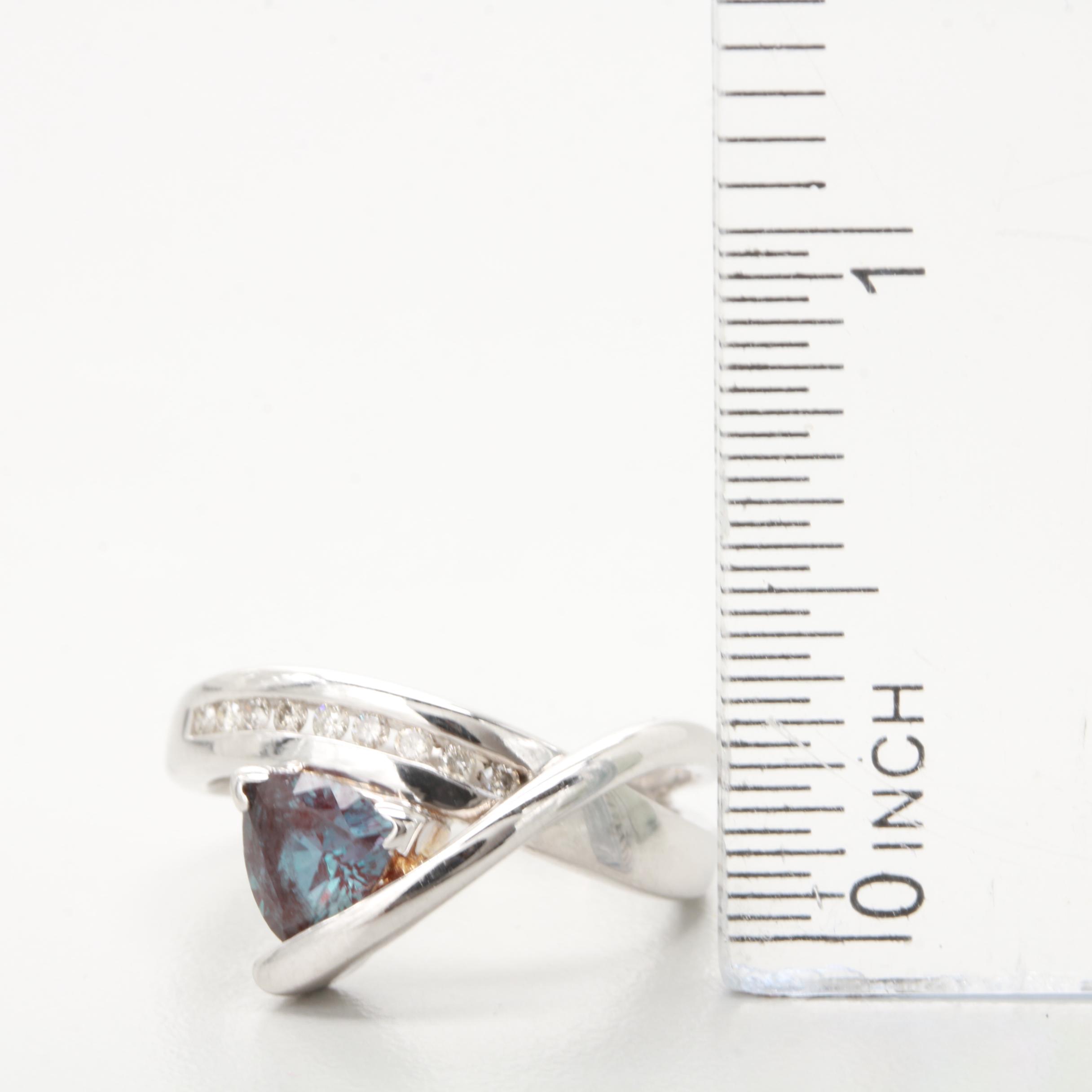 14K White Gold Synthetic Color Change Alexandrite and Diamond Ring