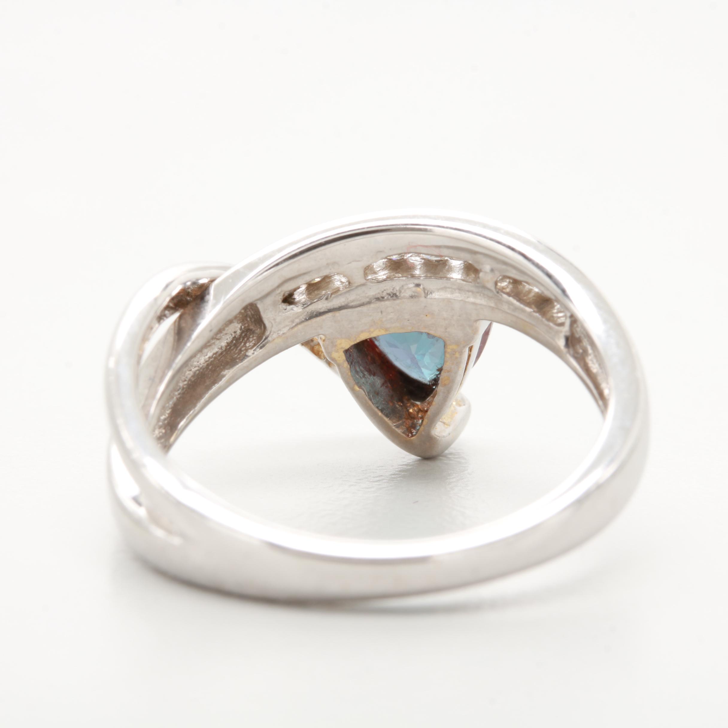 14K White Gold Synthetic Color Change Alexandrite and Diamond Ring