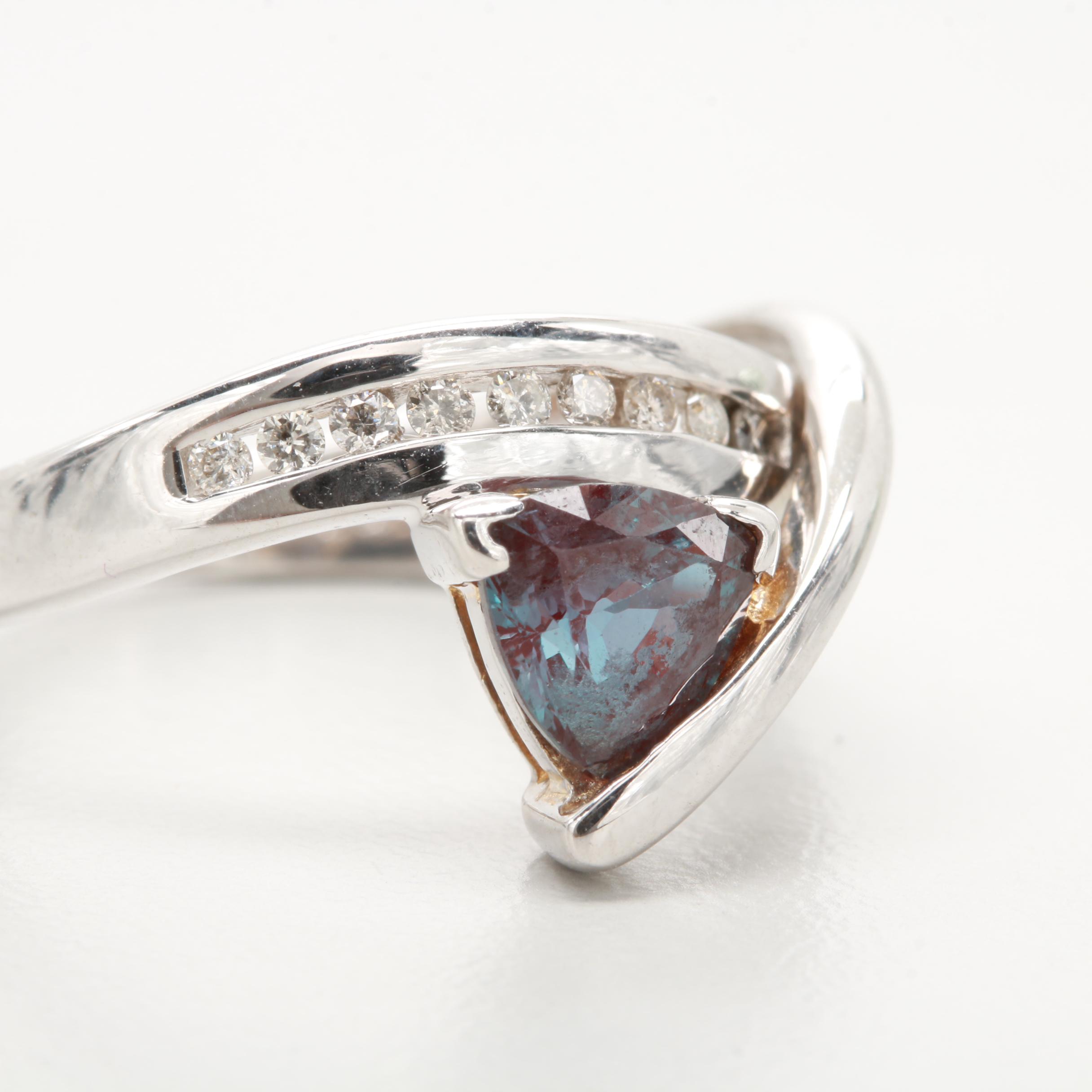 14K White Gold Synthetic Color Change Alexandrite and Diamond Ring