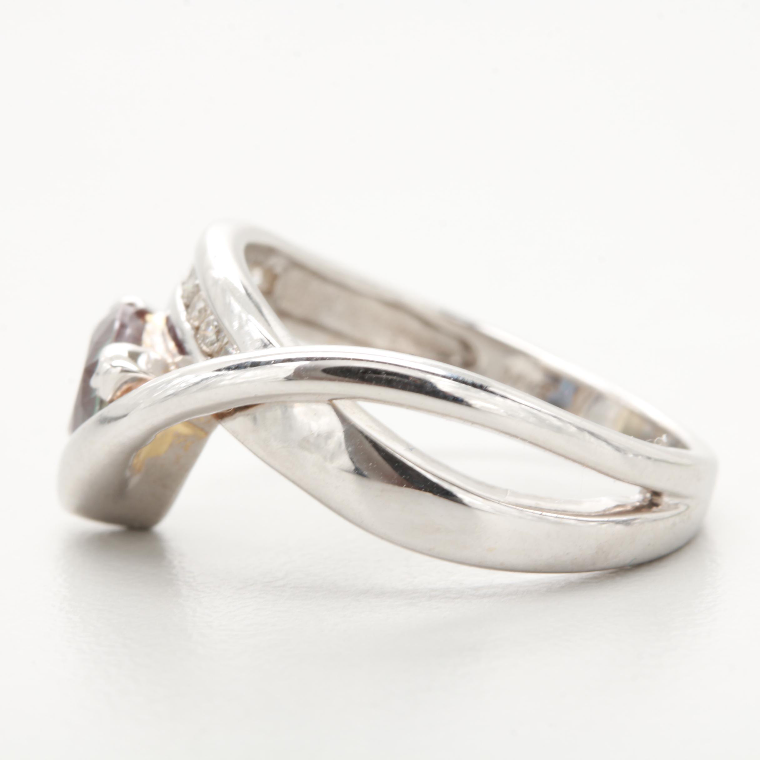 14K White Gold Synthetic Color Change Alexandrite and Diamond Ring