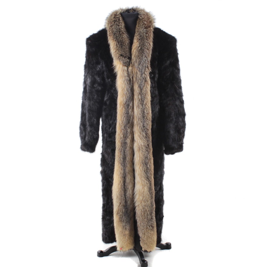 Mink Paw Fur Full-Length Coat with Fox Fur Tuxedo Collar