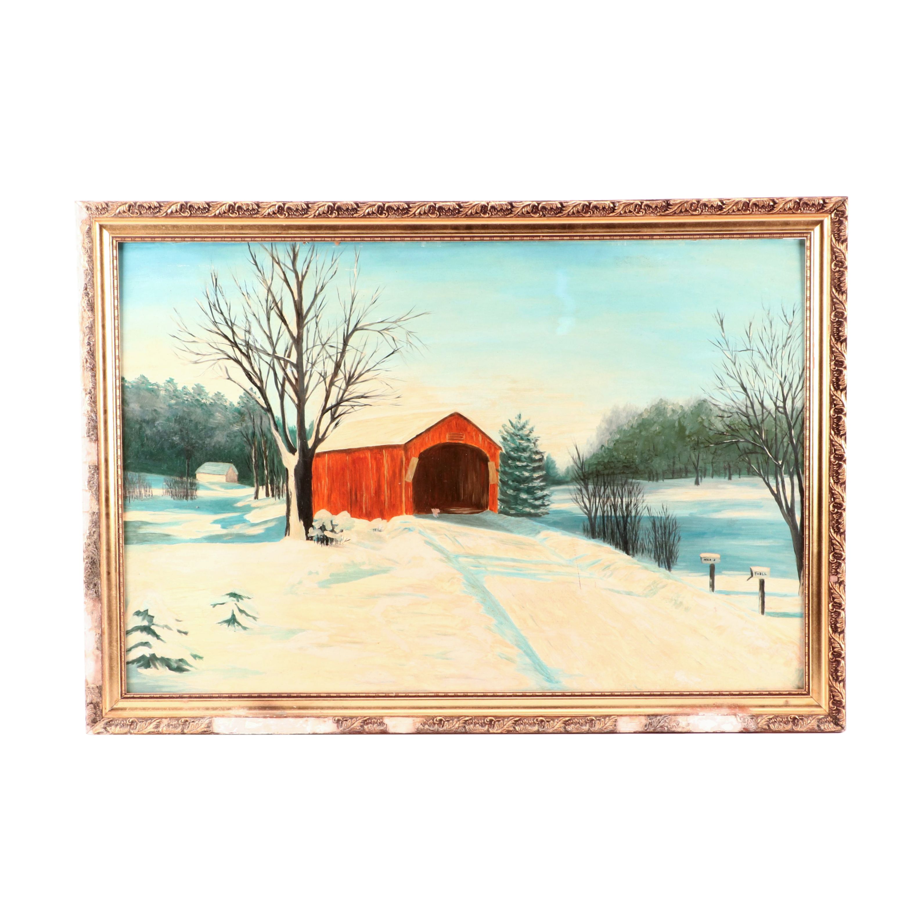 Oil Painting of Winter Scene with Covered Bridge