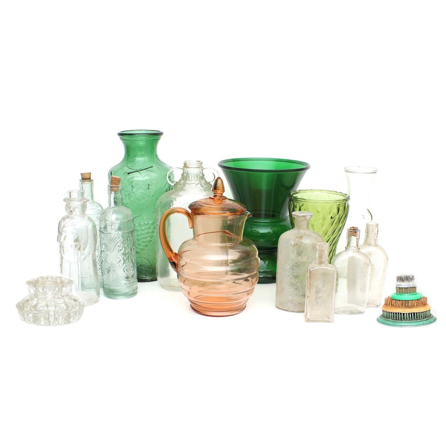 Vintage and Antique Apothecary Bottles, Colored Glass Vases, and Flower Frogs