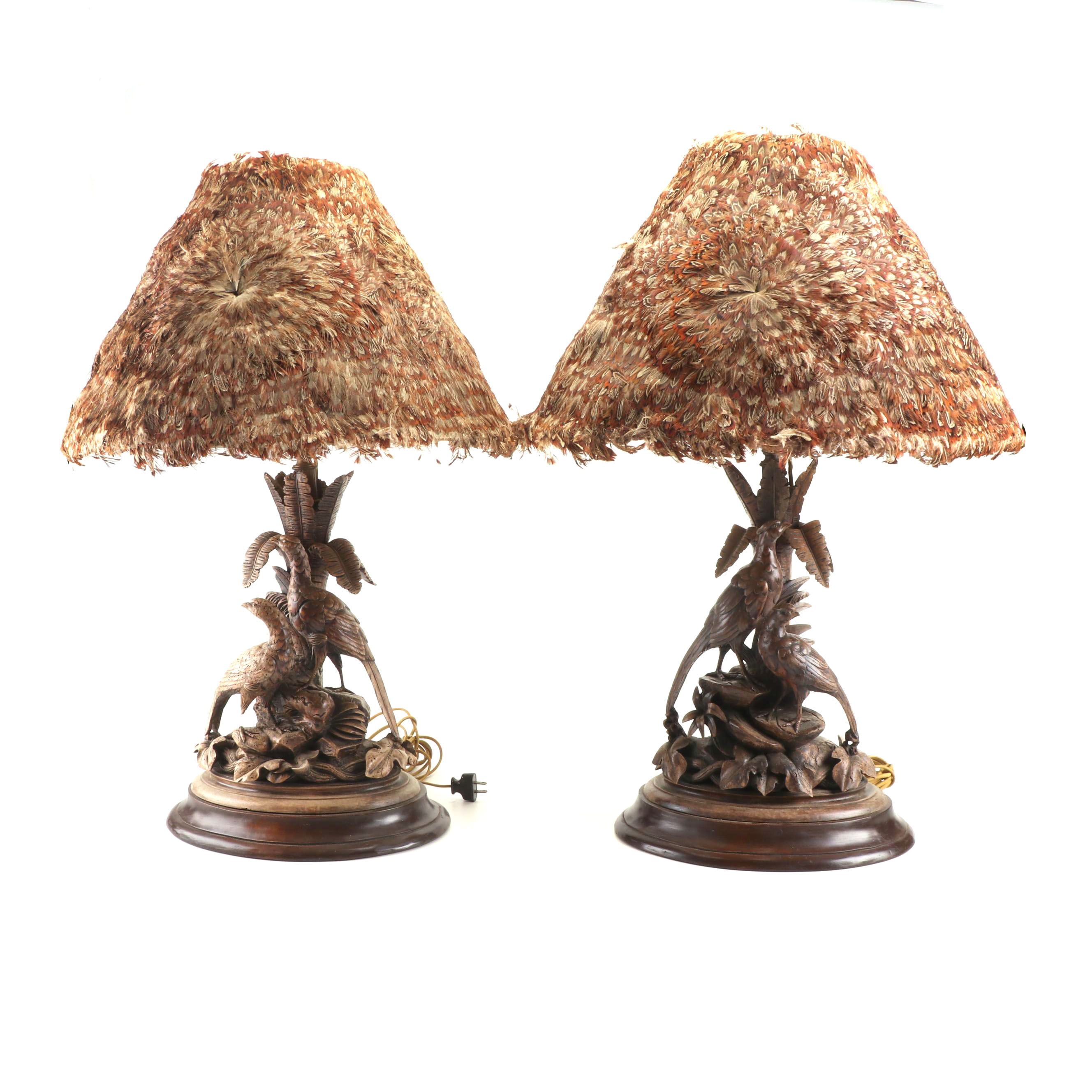 Carved Wood Table Lamps with Pheasant Feather Shades