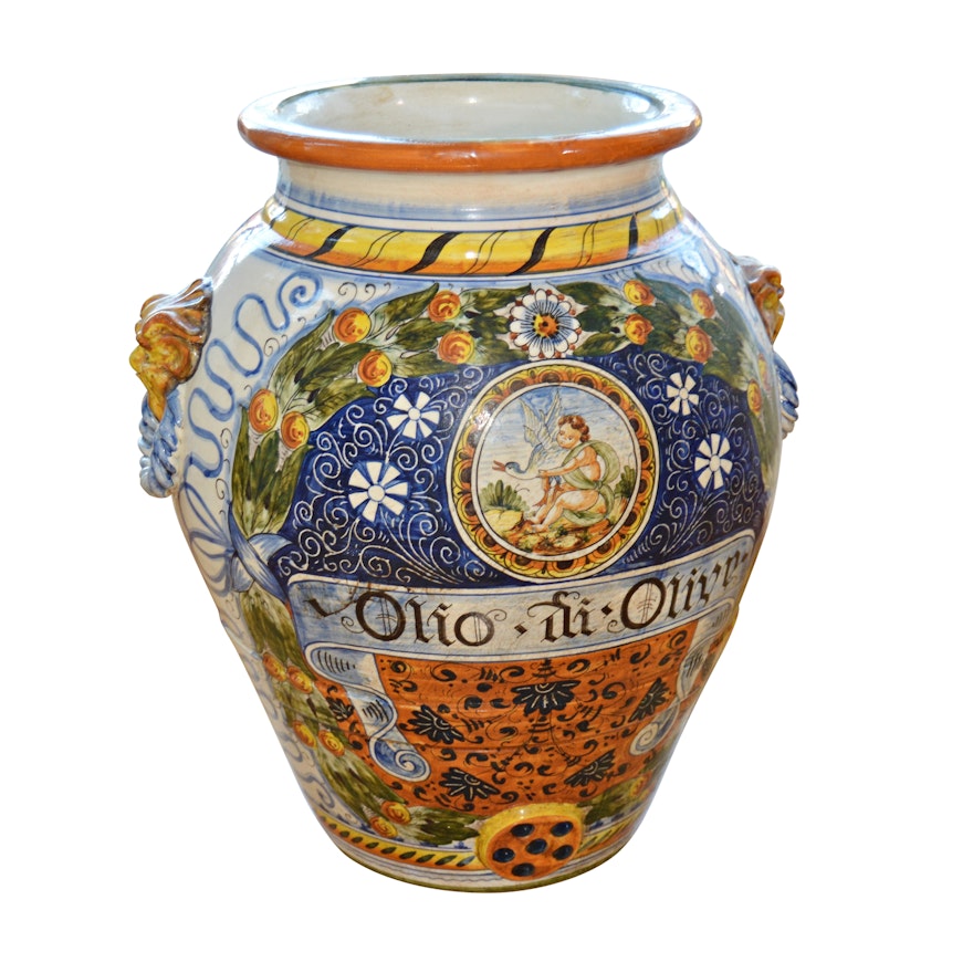 Large Italian Painted Ceramic Olive Oil Jar
