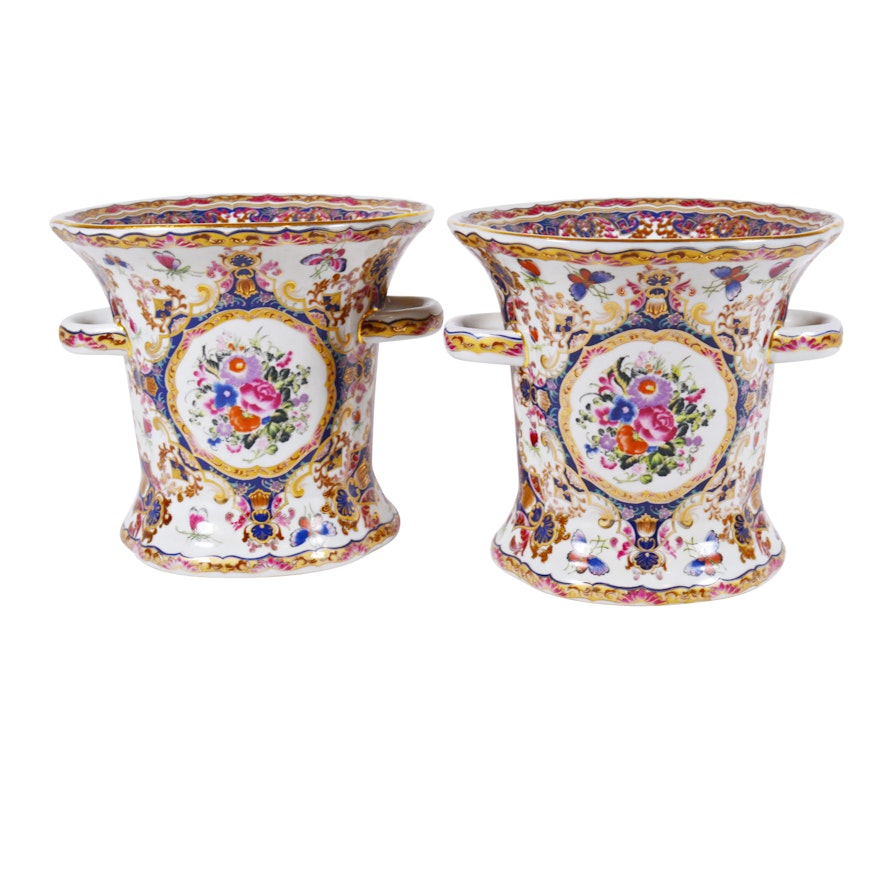Pair of Floral Porcelain Cachepots