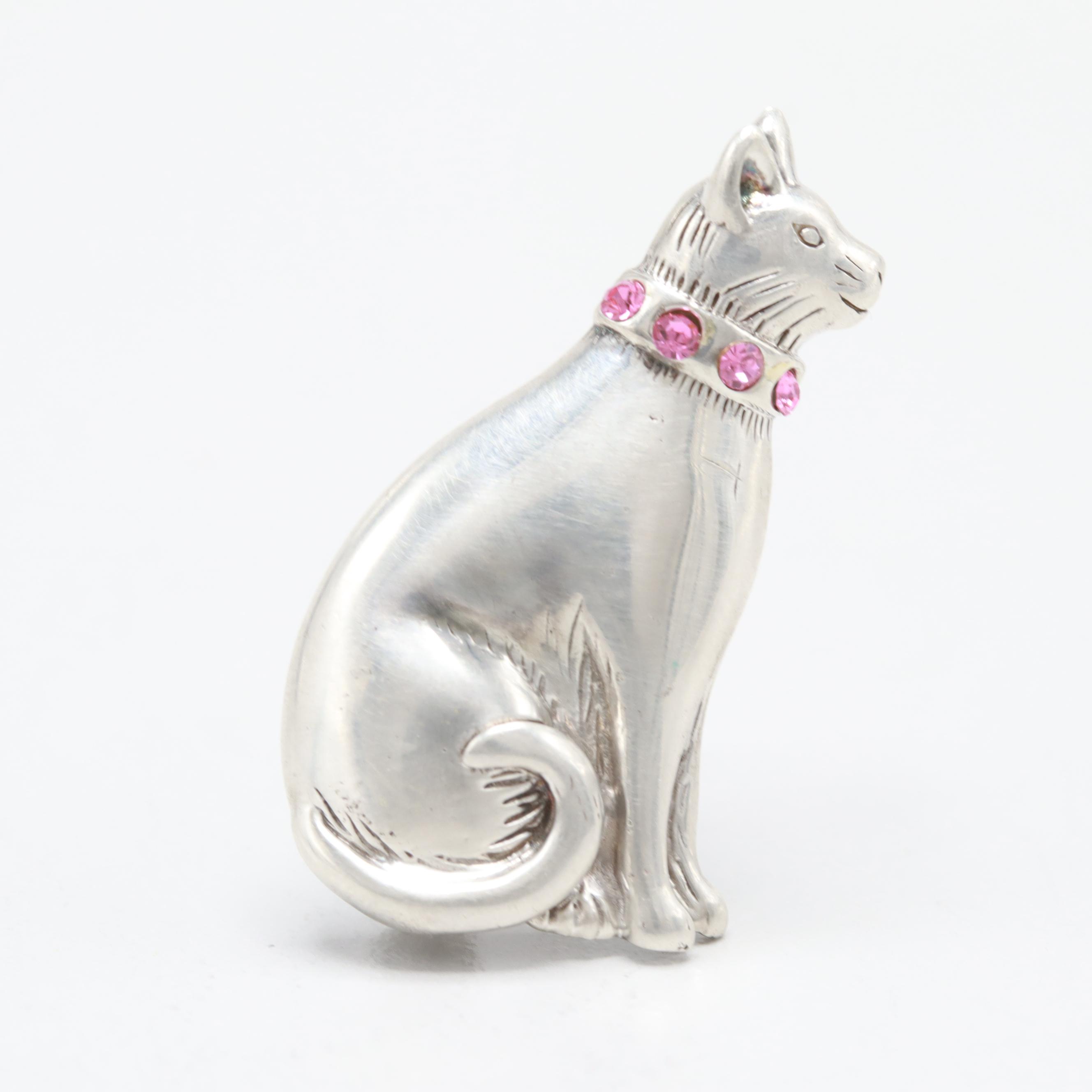 Sterling Silver Glass Crystal Cat Brooch