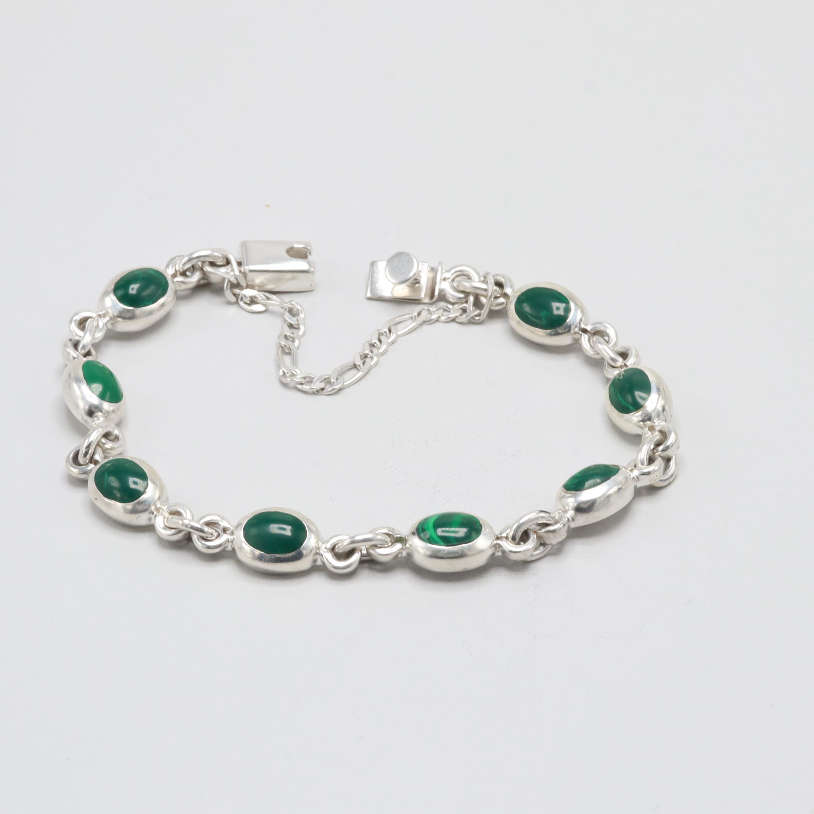 950 Silver Imitation Malachite Link Bracelet
