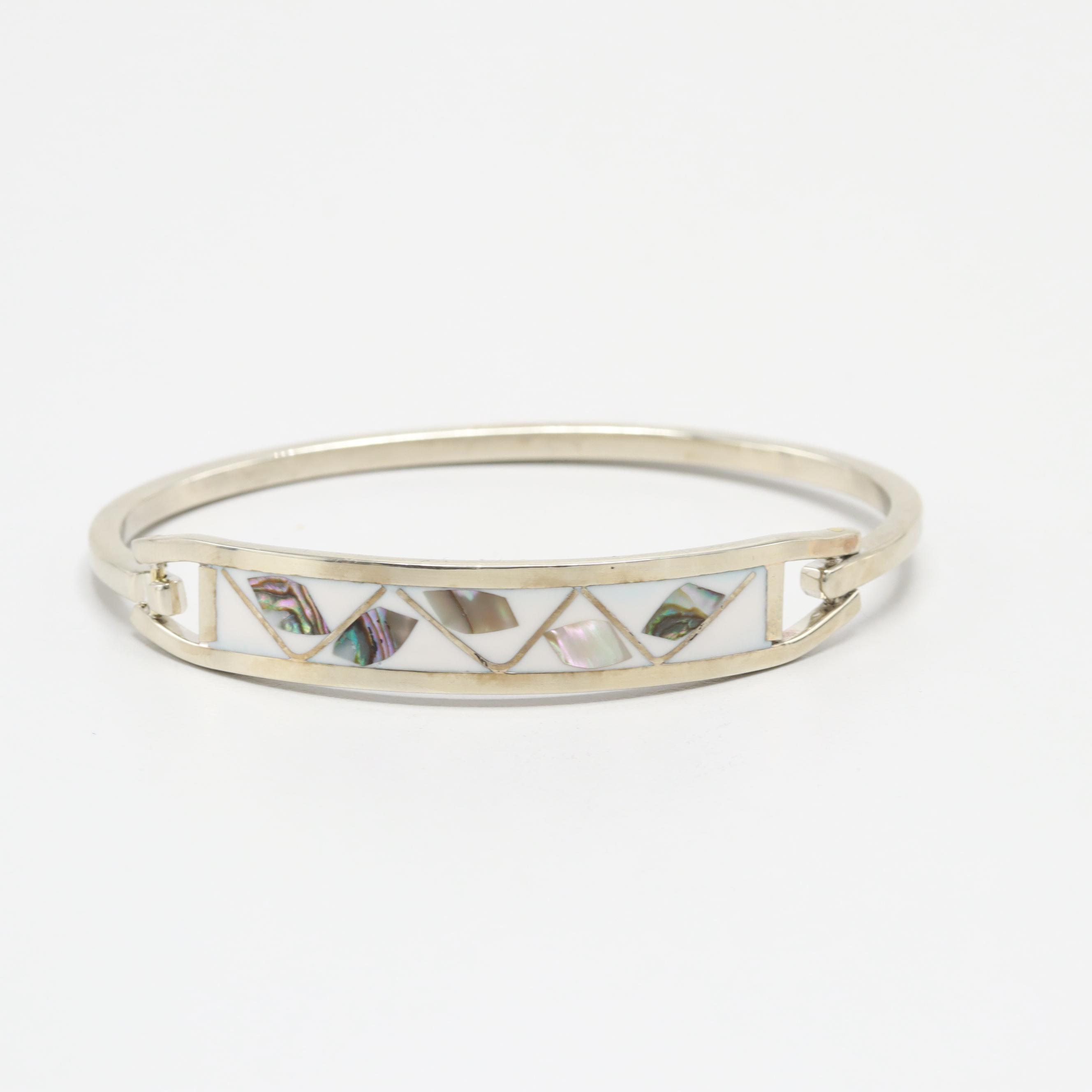 Mexico Silver Tone Abalone and Resin Bangle Bracelet
