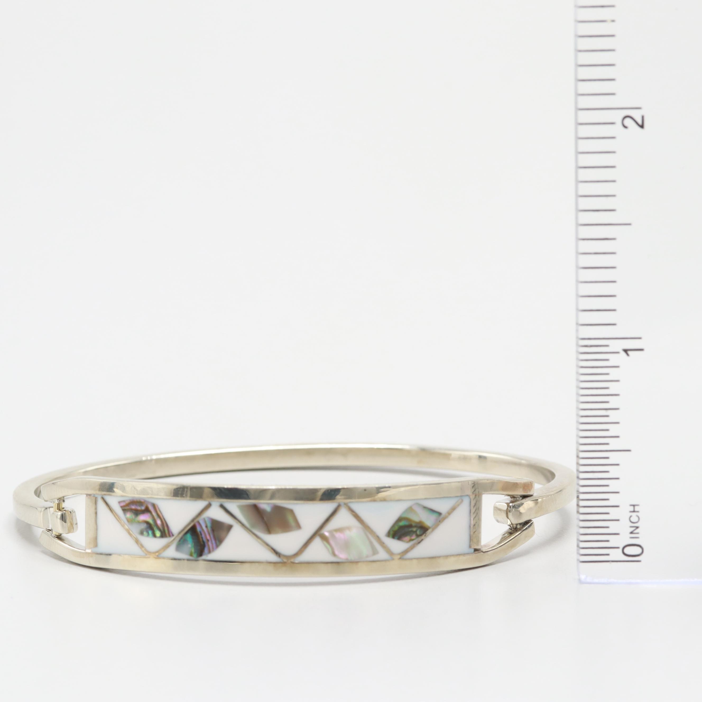 Mexico Silver Tone Abalone and Resin Bangle Bracelet