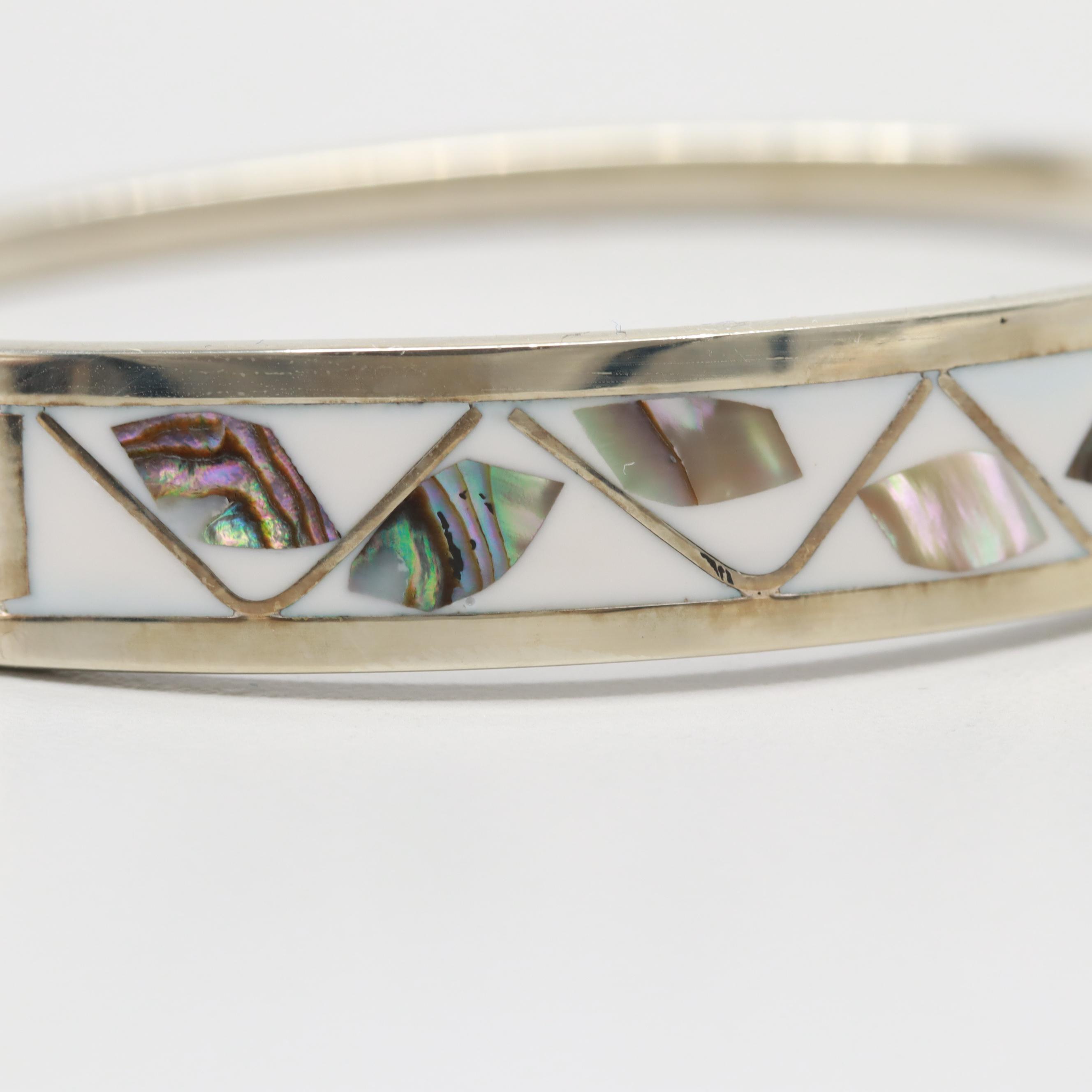 Mexico Silver Tone Abalone and Resin Bangle Bracelet