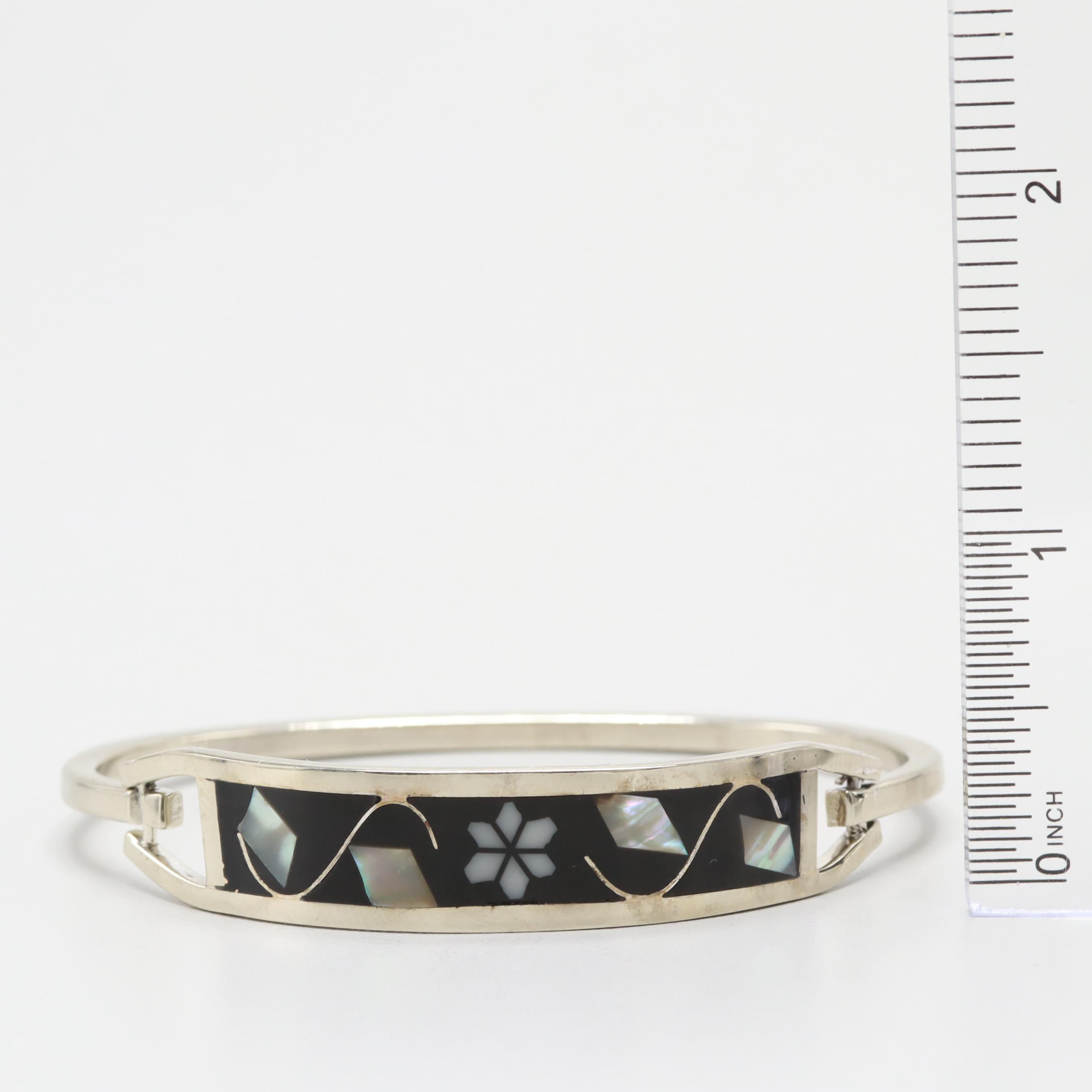 Silver Tone Mother of Pearl and Resin Hinged Bracelet