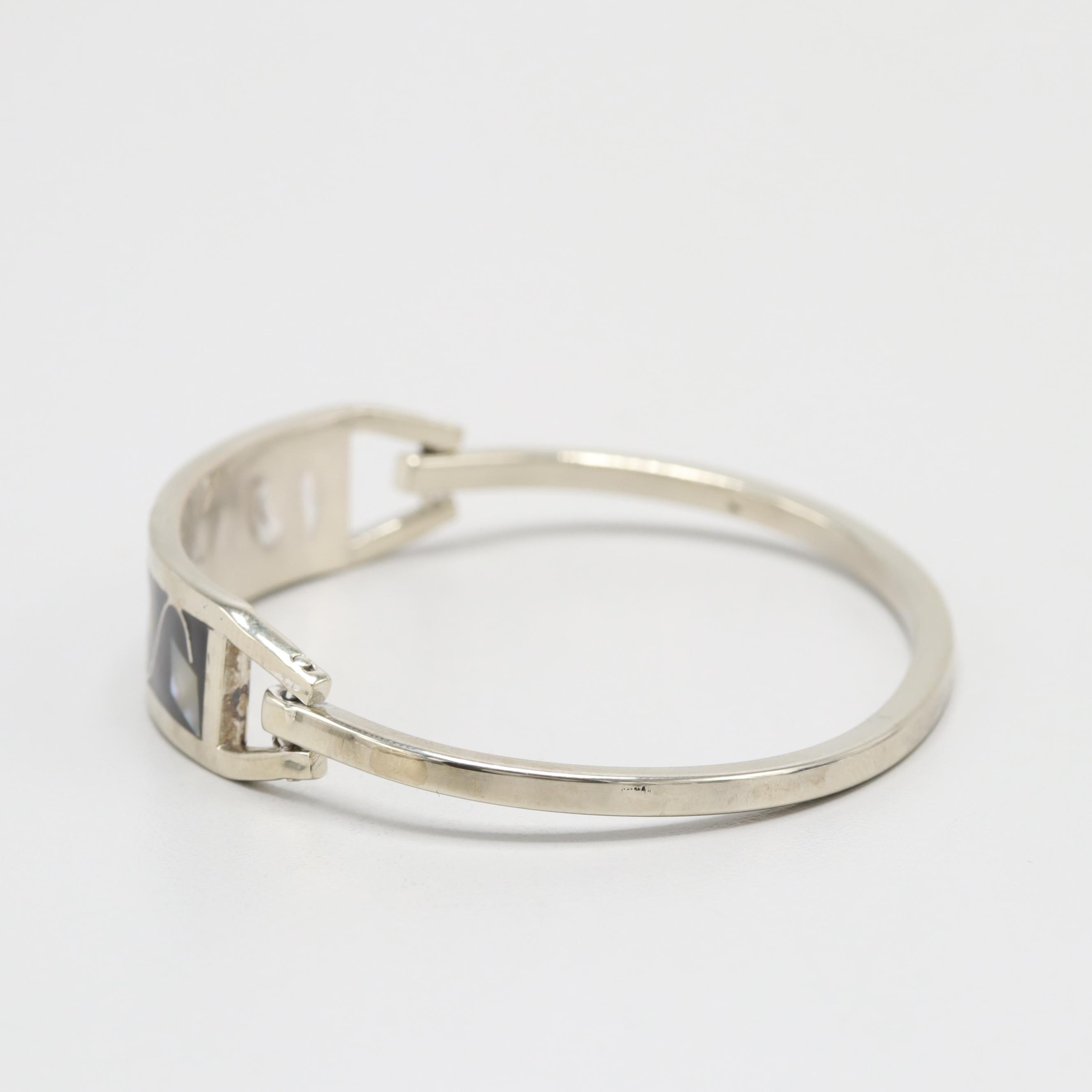 Silver Tone Mother of Pearl and Resin Hinged Bracelet