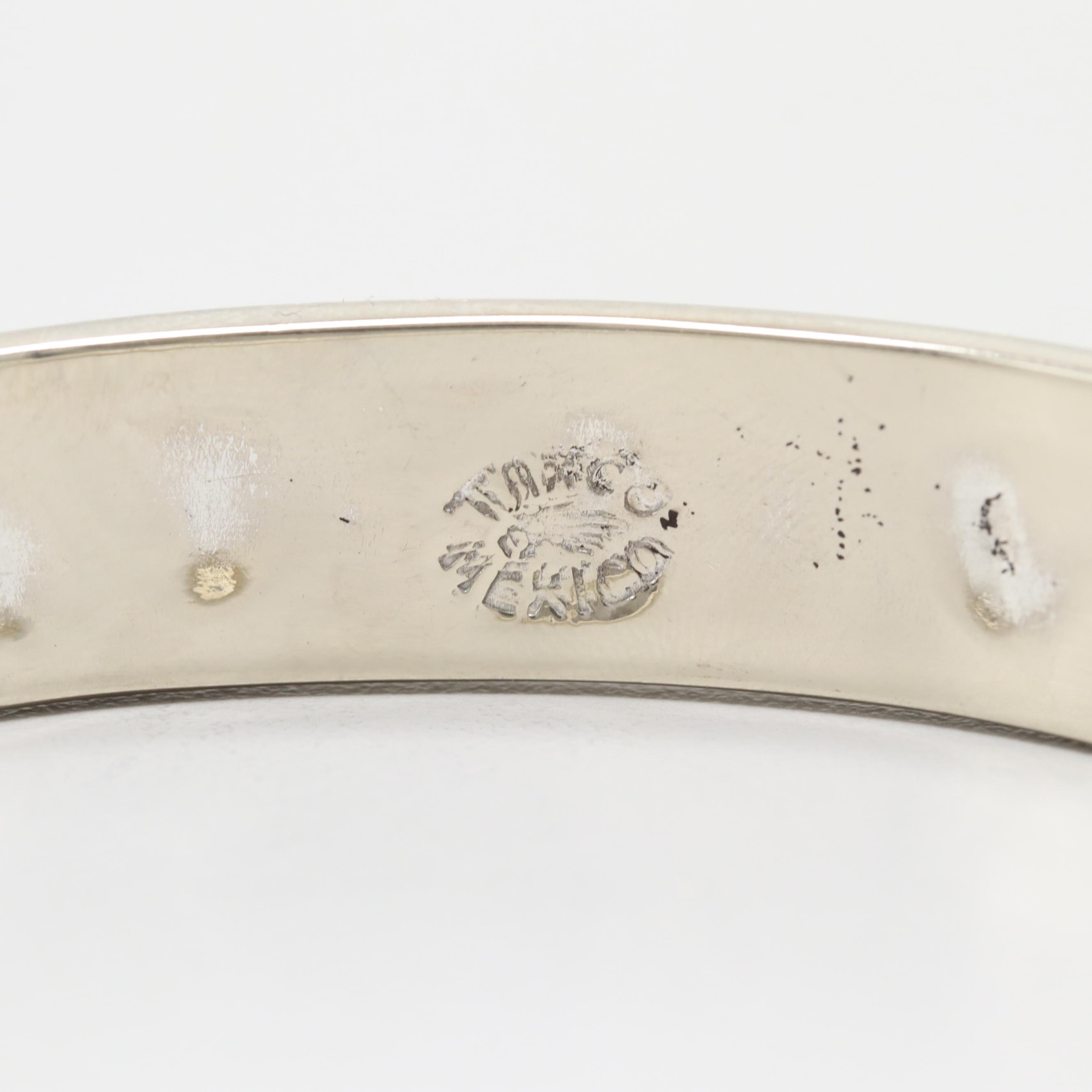 Silver Tone Mother of Pearl and Resin Hinged Bracelet