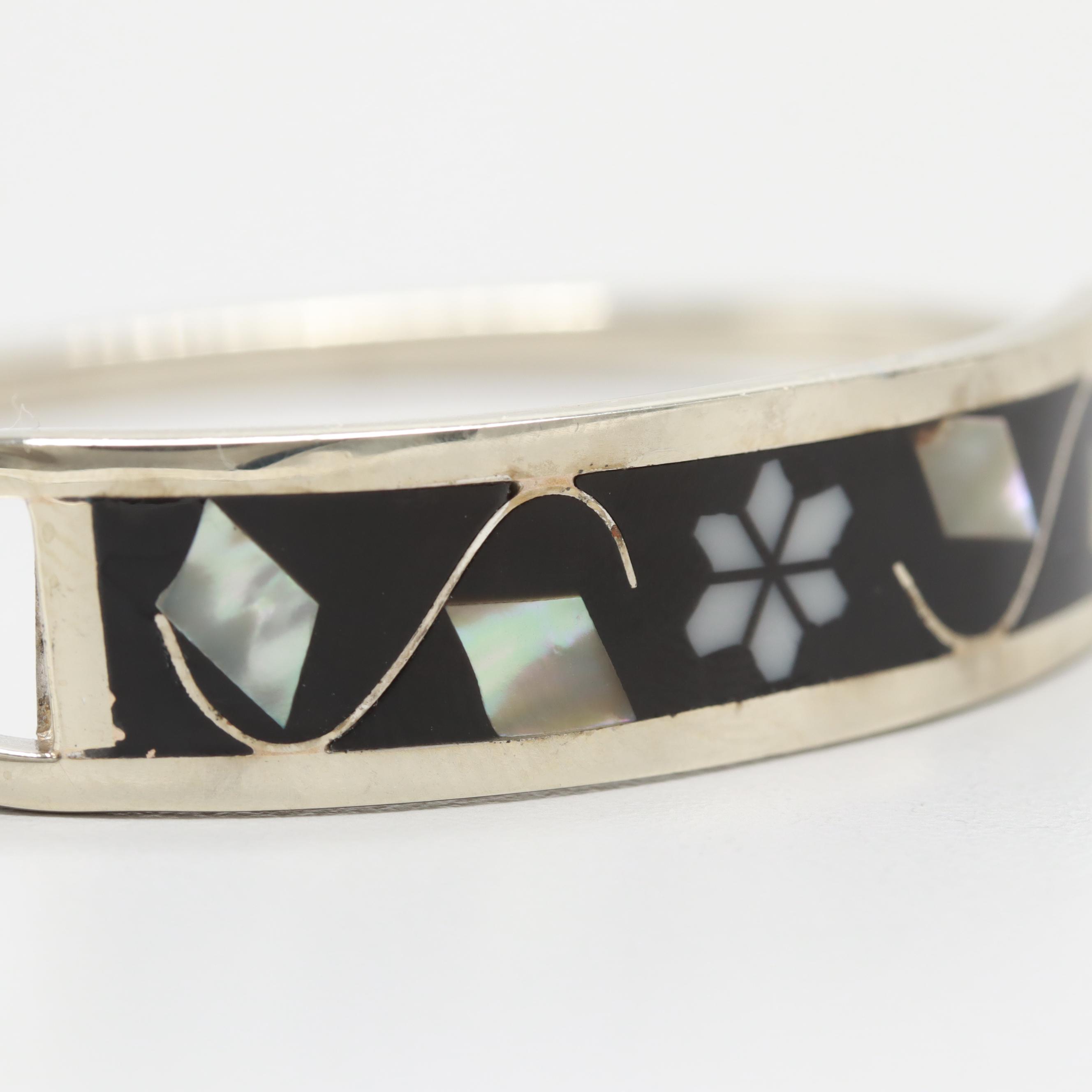 Silver Tone Mother of Pearl and Resin Hinged Bracelet
