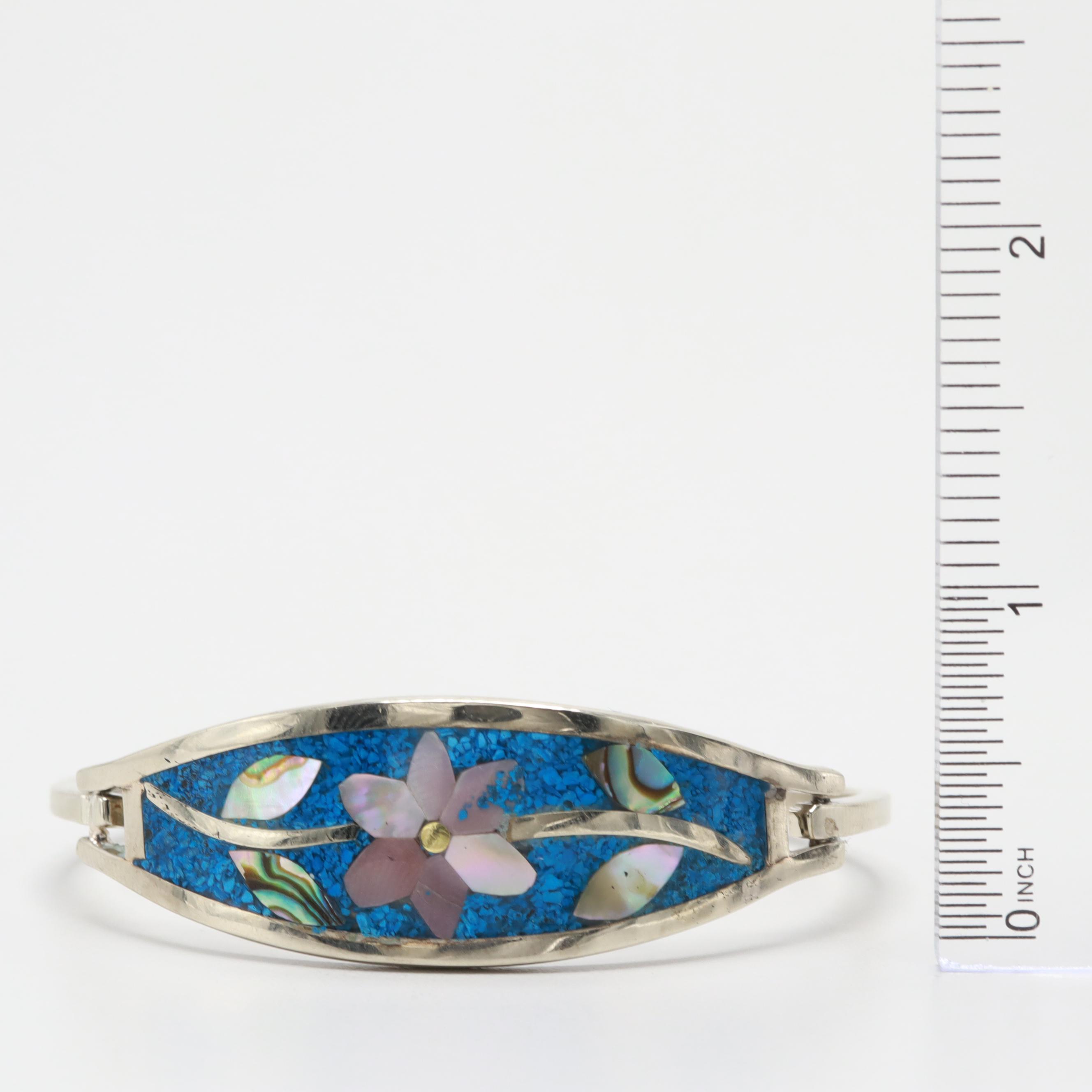 Silver Tone Abalone and Resin Hinged Bracelet