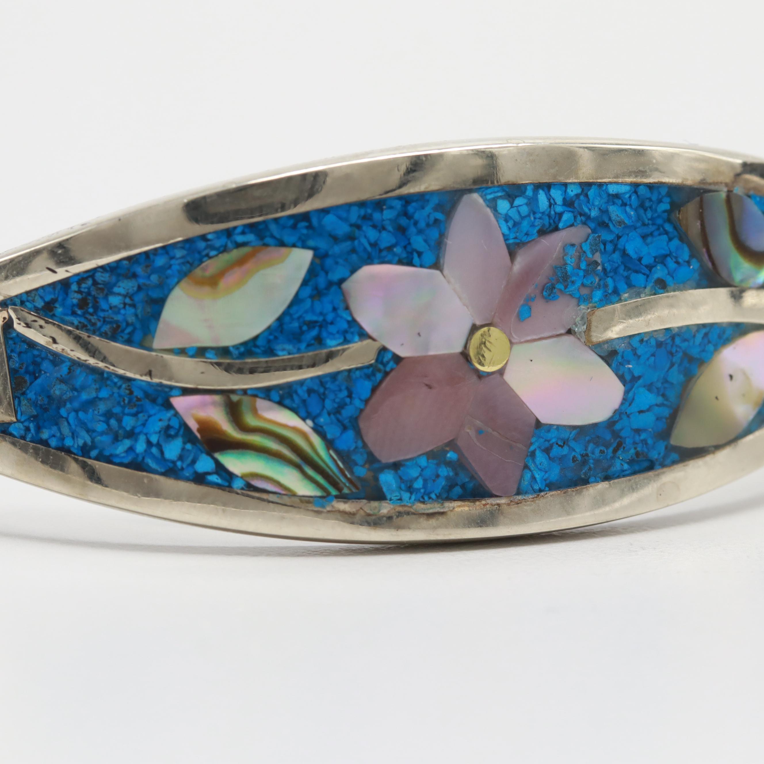 Silver Tone Abalone and Resin Hinged Bracelet