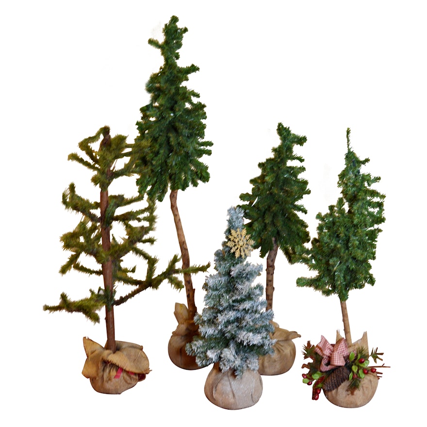 Five Table Size Faux Trees in Burlap Bags