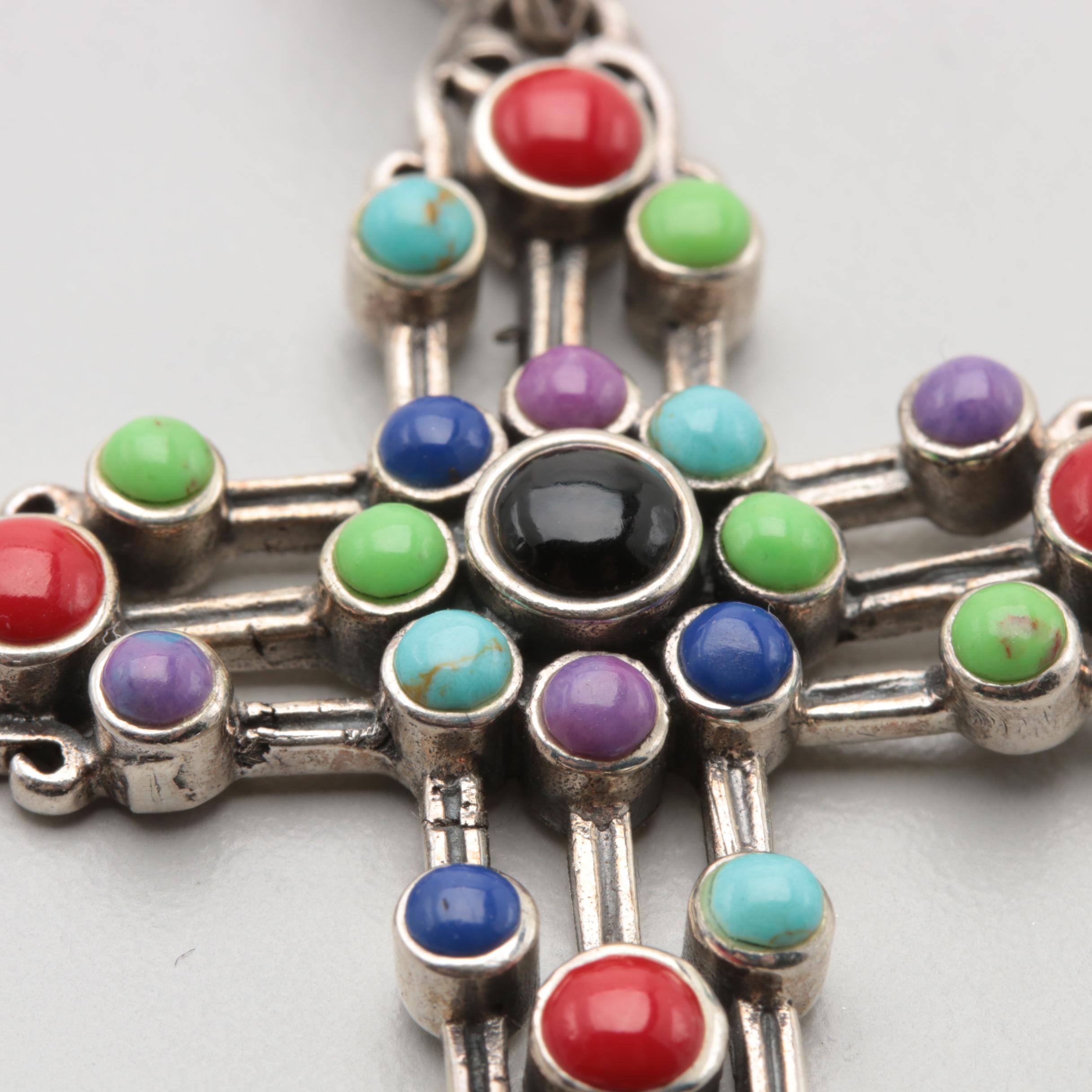 Sterling Silver Imitation Gemstone Cross Pendant