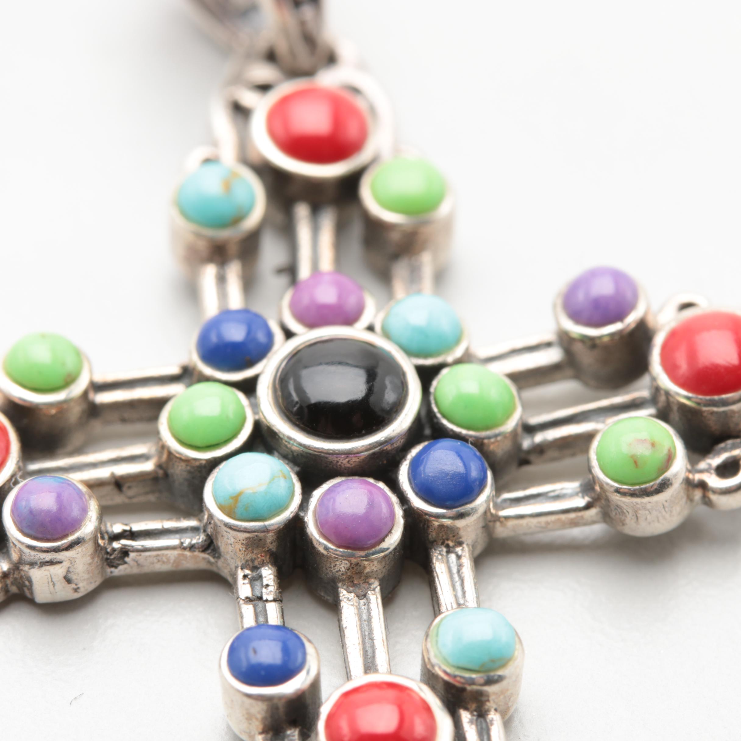 Sterling Silver Imitation Gemstone Cross Pendant