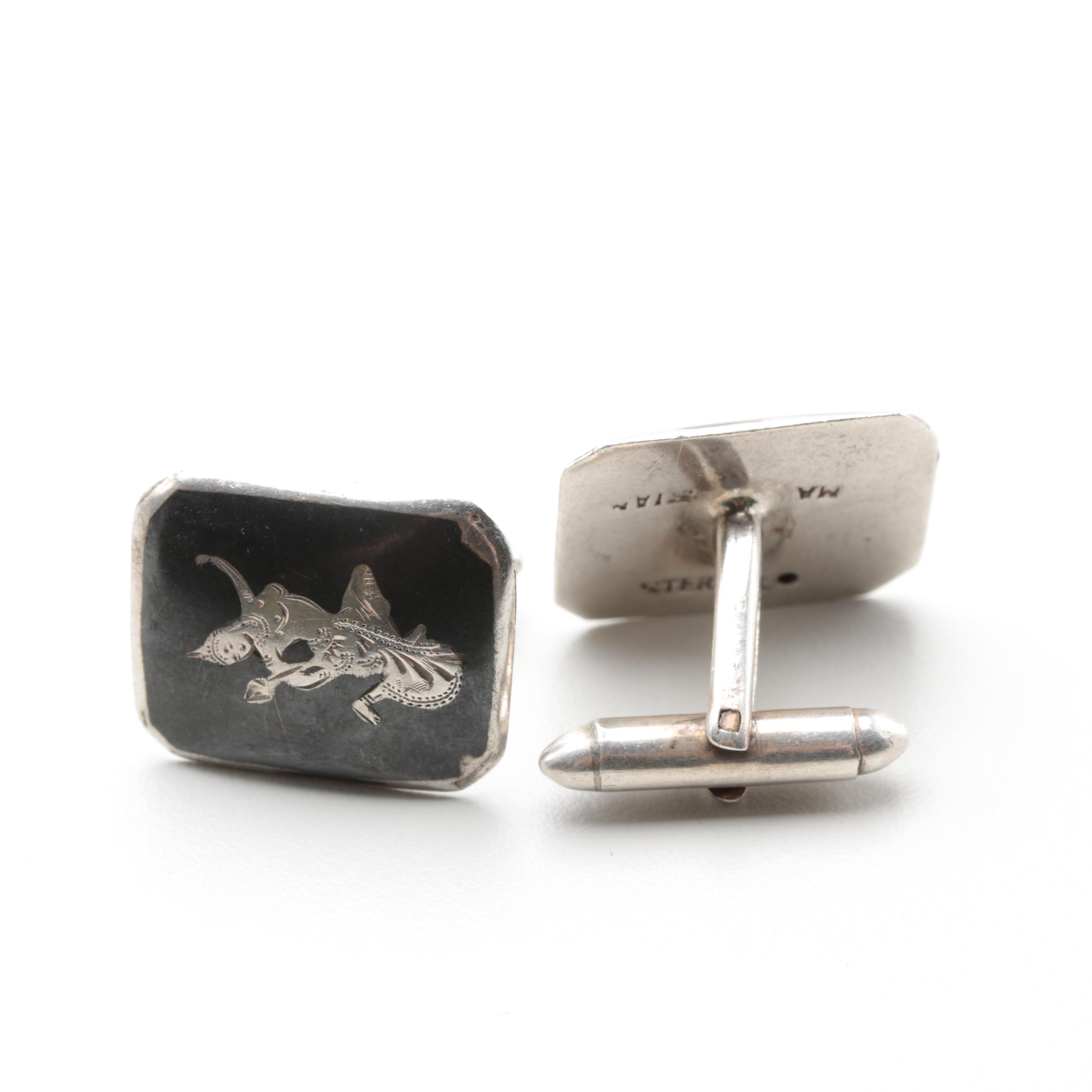 Sterling Silver "Mekkala" Niello Bracelet, Tie Bar, Cuff Links and Barrette