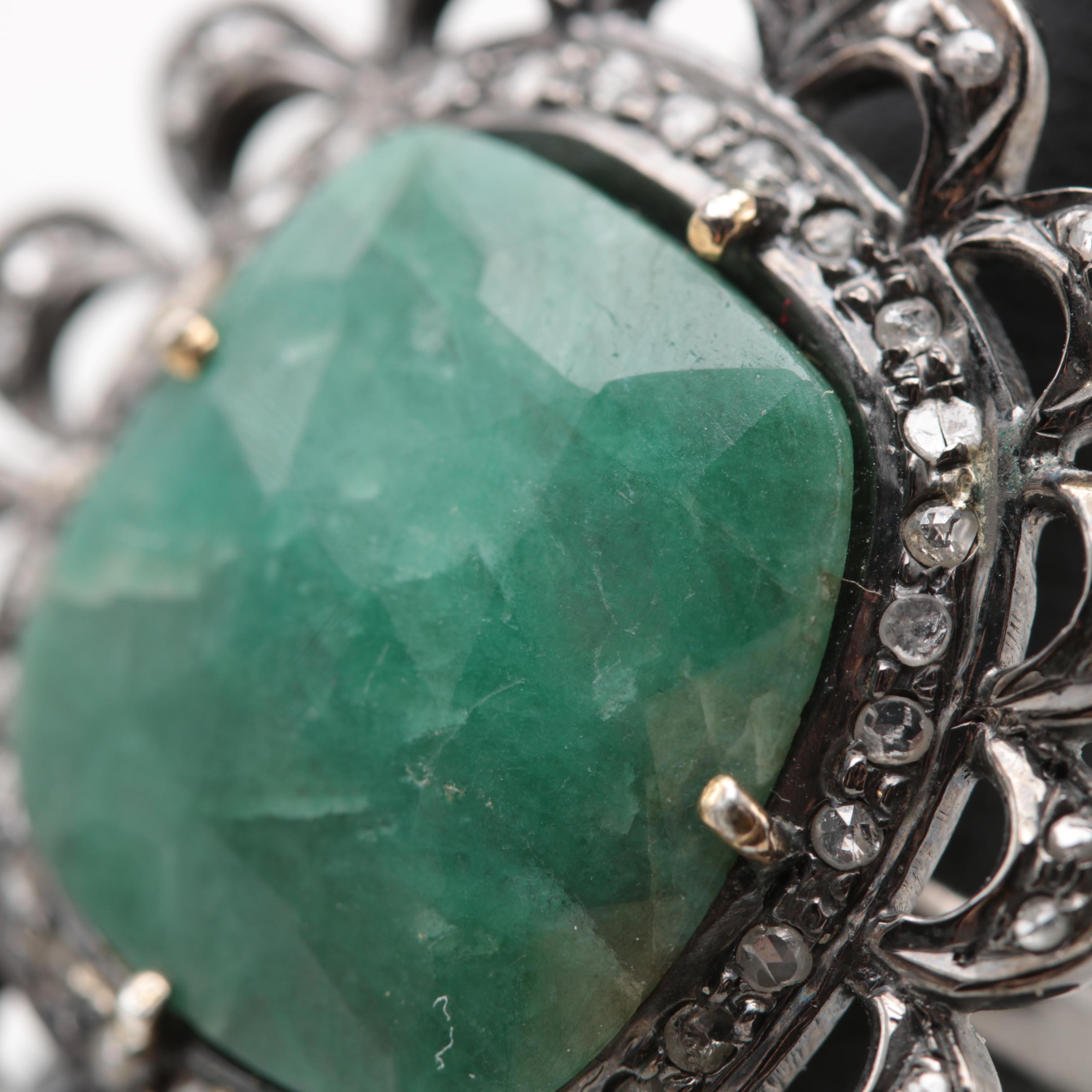 Sterling Silver Beryl and Diamond Ring