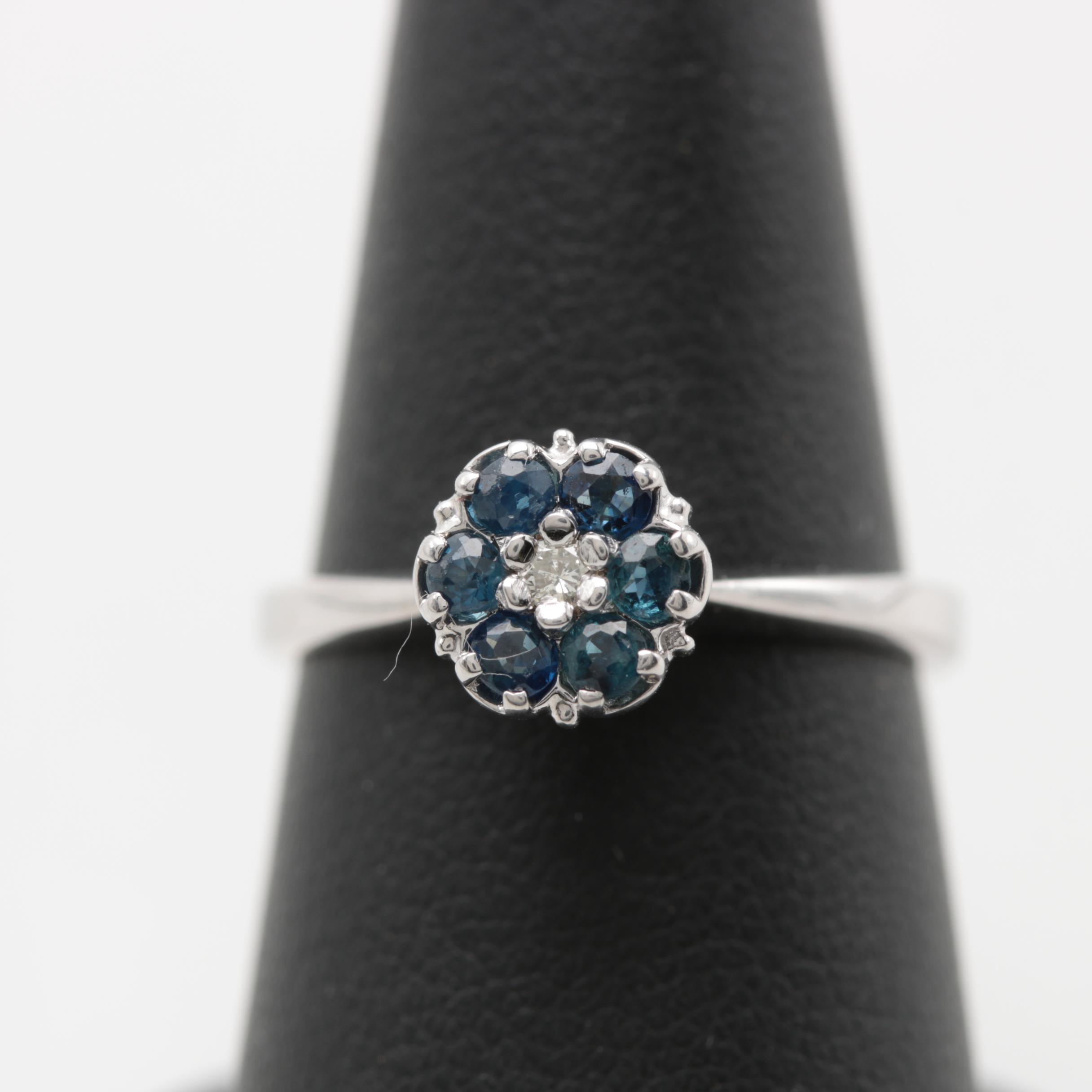 14K White Gold Blue Sapphire and Diamond Ring