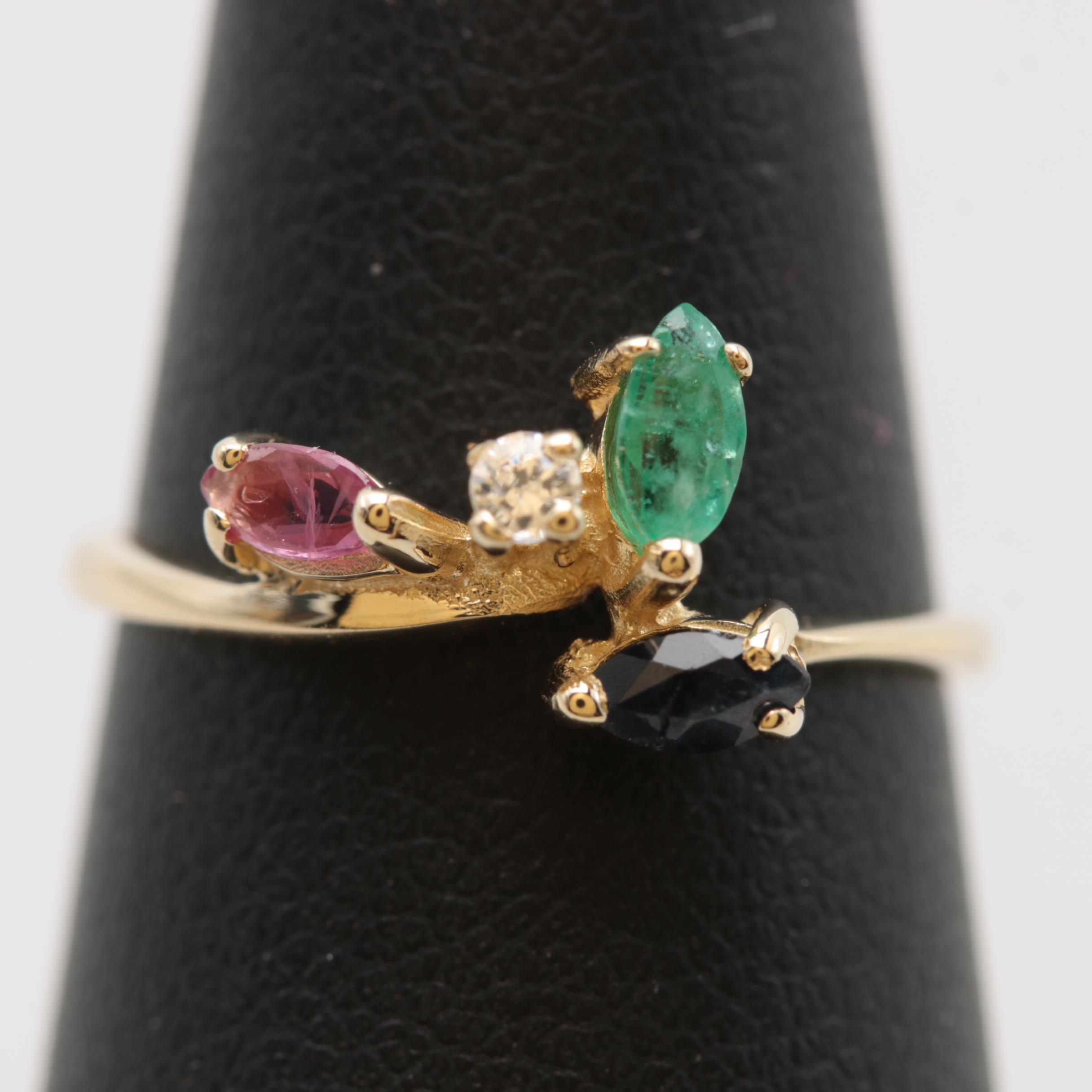 10K White Gold Emerald, Ruby, Blue Sapphire and Cubic Zirconia Ring
