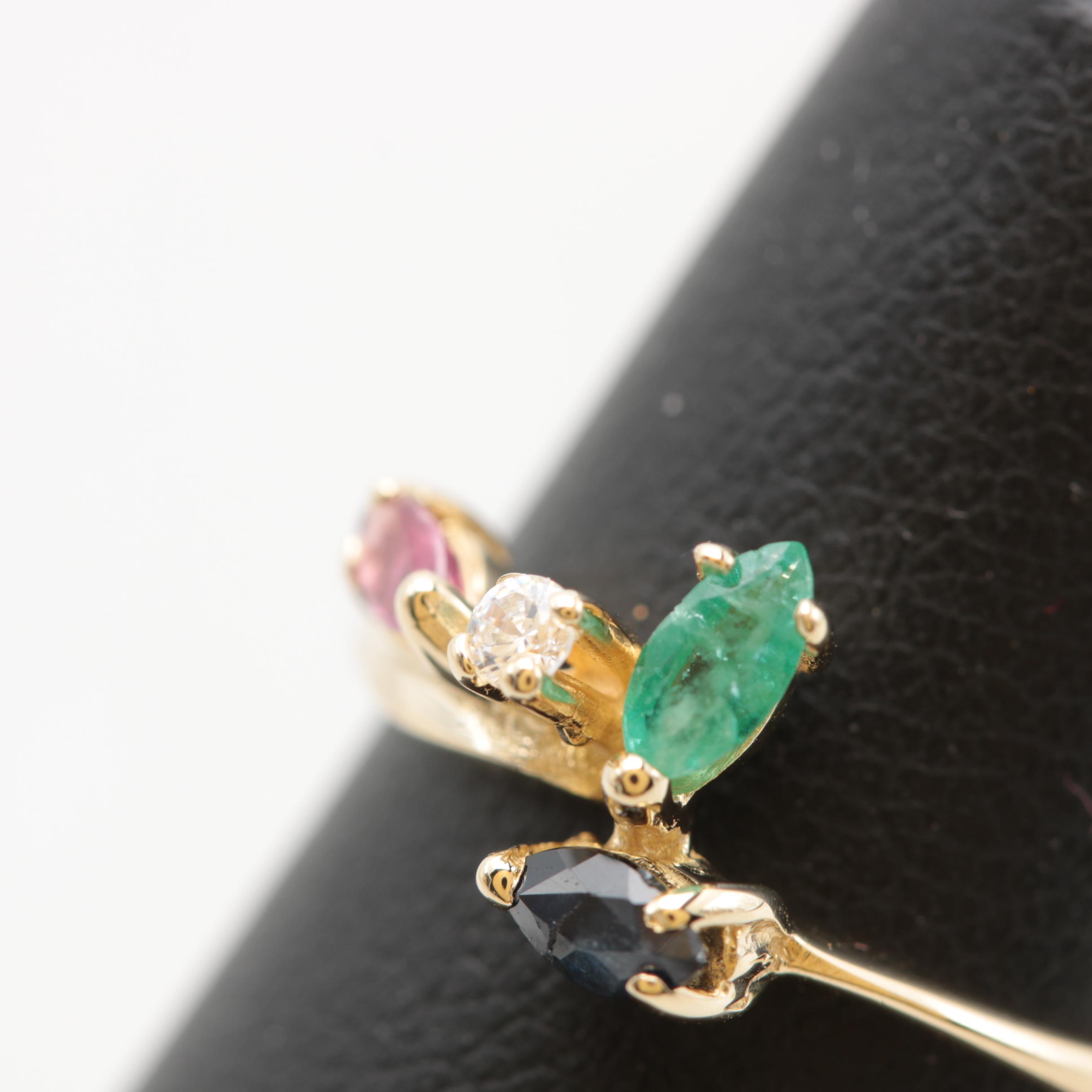 10K White Gold Emerald, Ruby, Blue Sapphire and Cubic Zirconia Ring