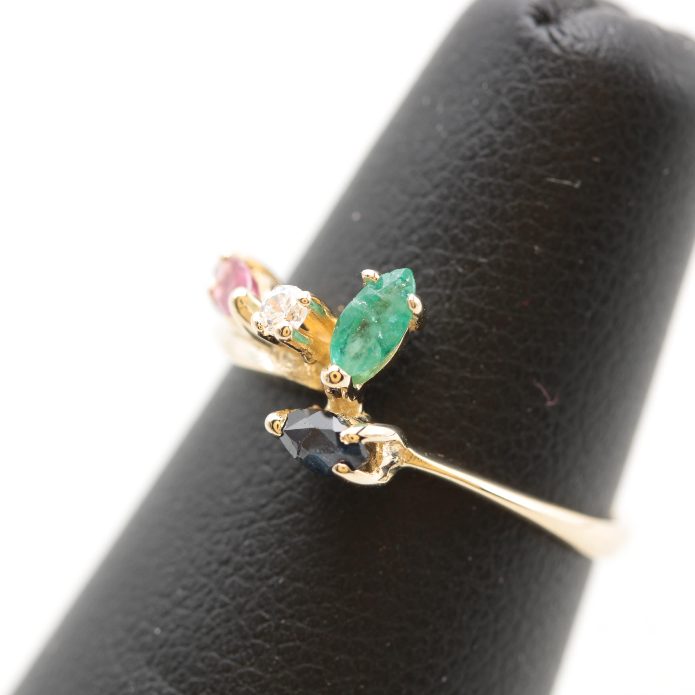 10K White Gold Emerald, Ruby, Blue Sapphire and Cubic Zirconia Ring