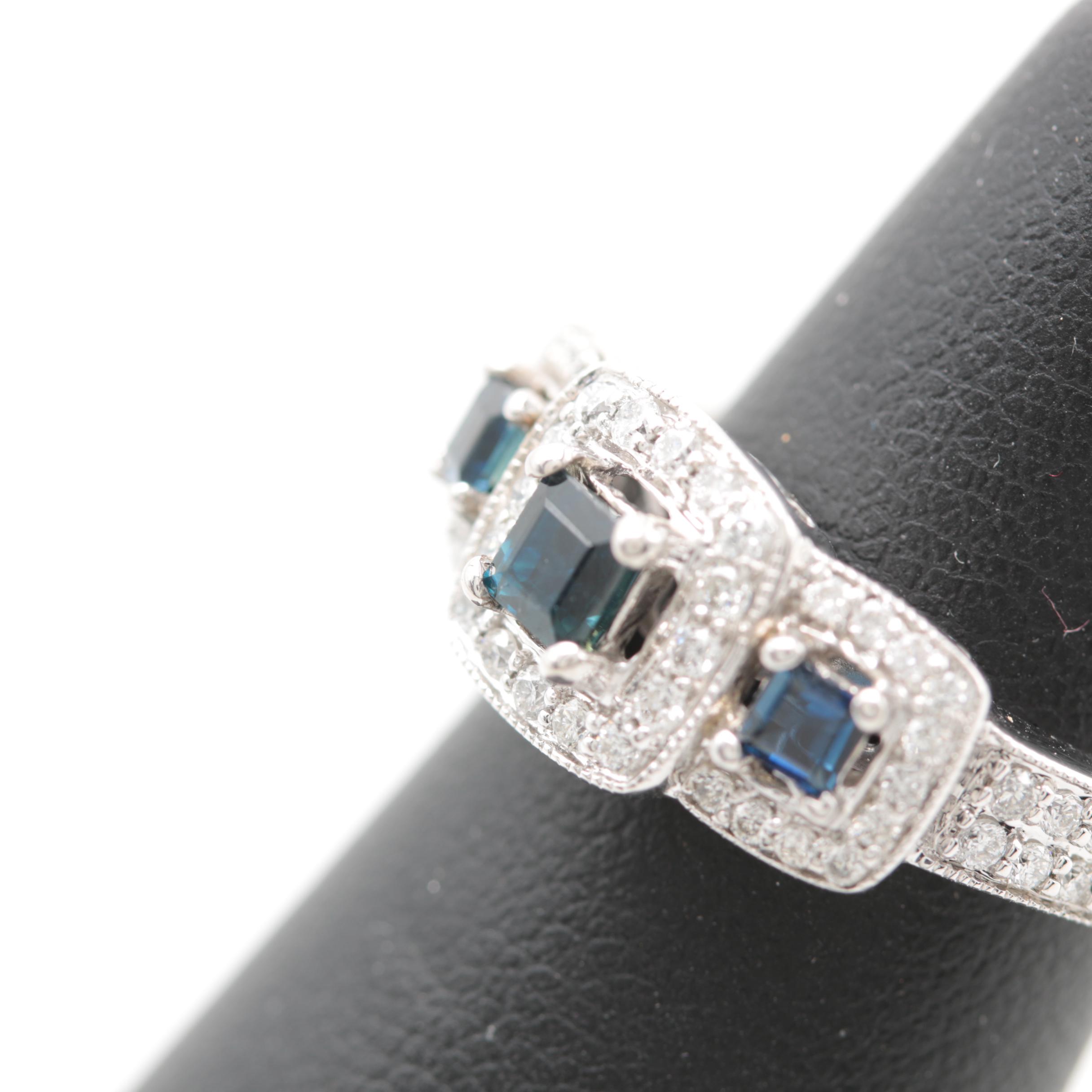 14K White Gold Blue Sapphire and Diamond Ring