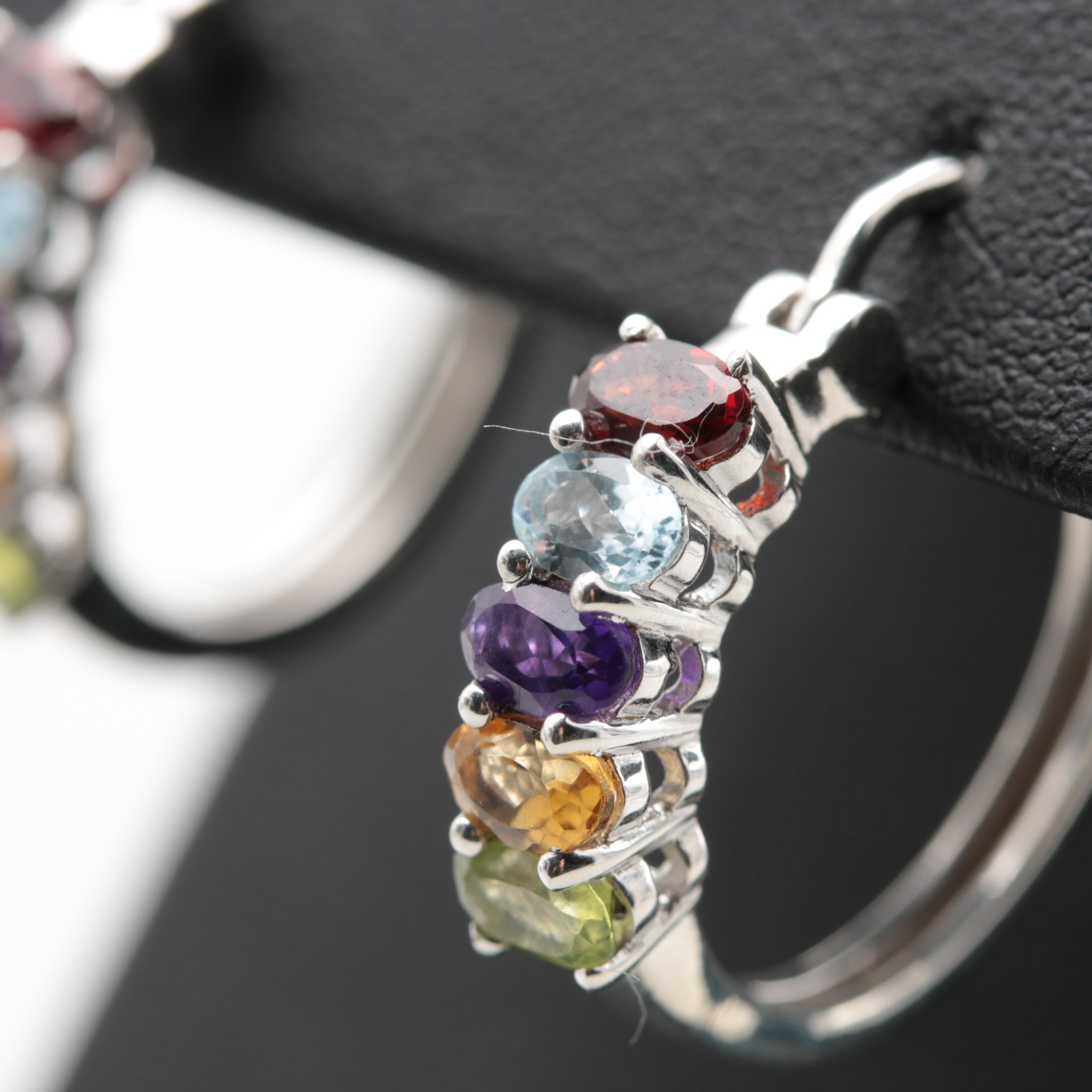 Sterling Silver Peridot, Citrine, Amethyst, Blue Topaz and Garnet Hoop Earrings