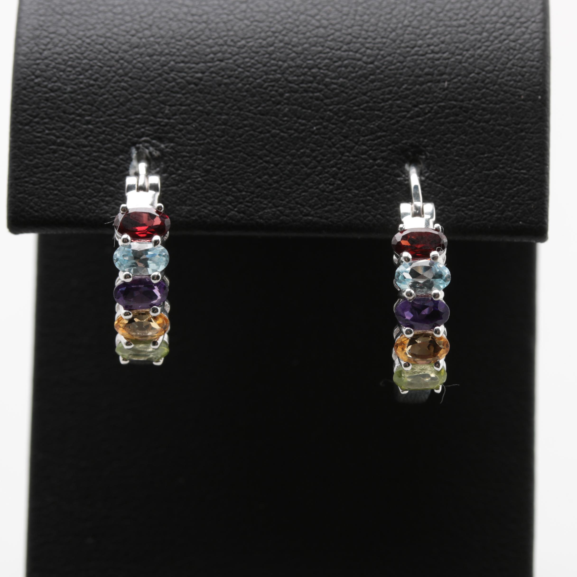 Sterling Silver Peridot, Citrine, Amethyst, Blue Topaz and Garnet Hoop Earrings