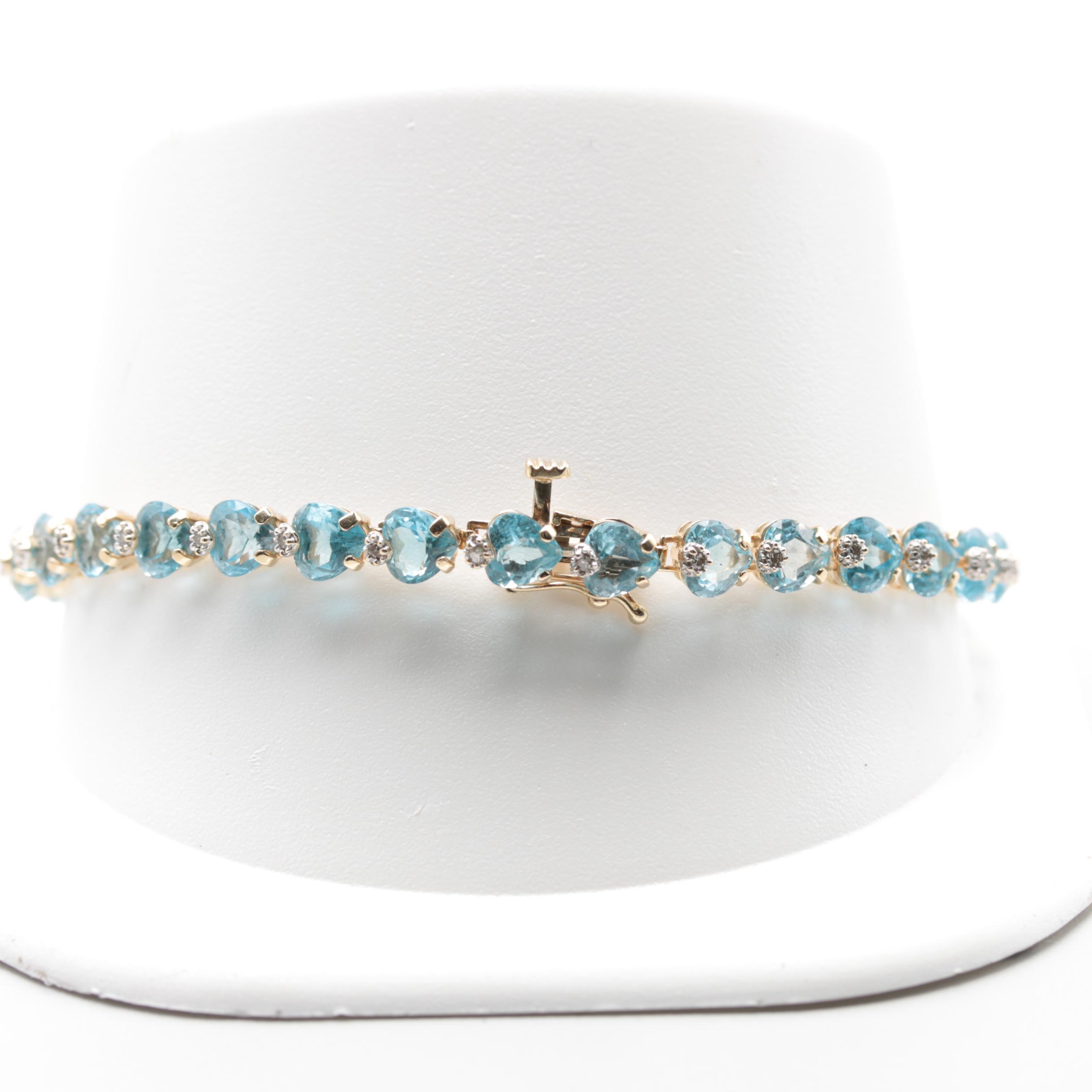14K Yellow Gold Topaz and Diamond Heart Bracelet