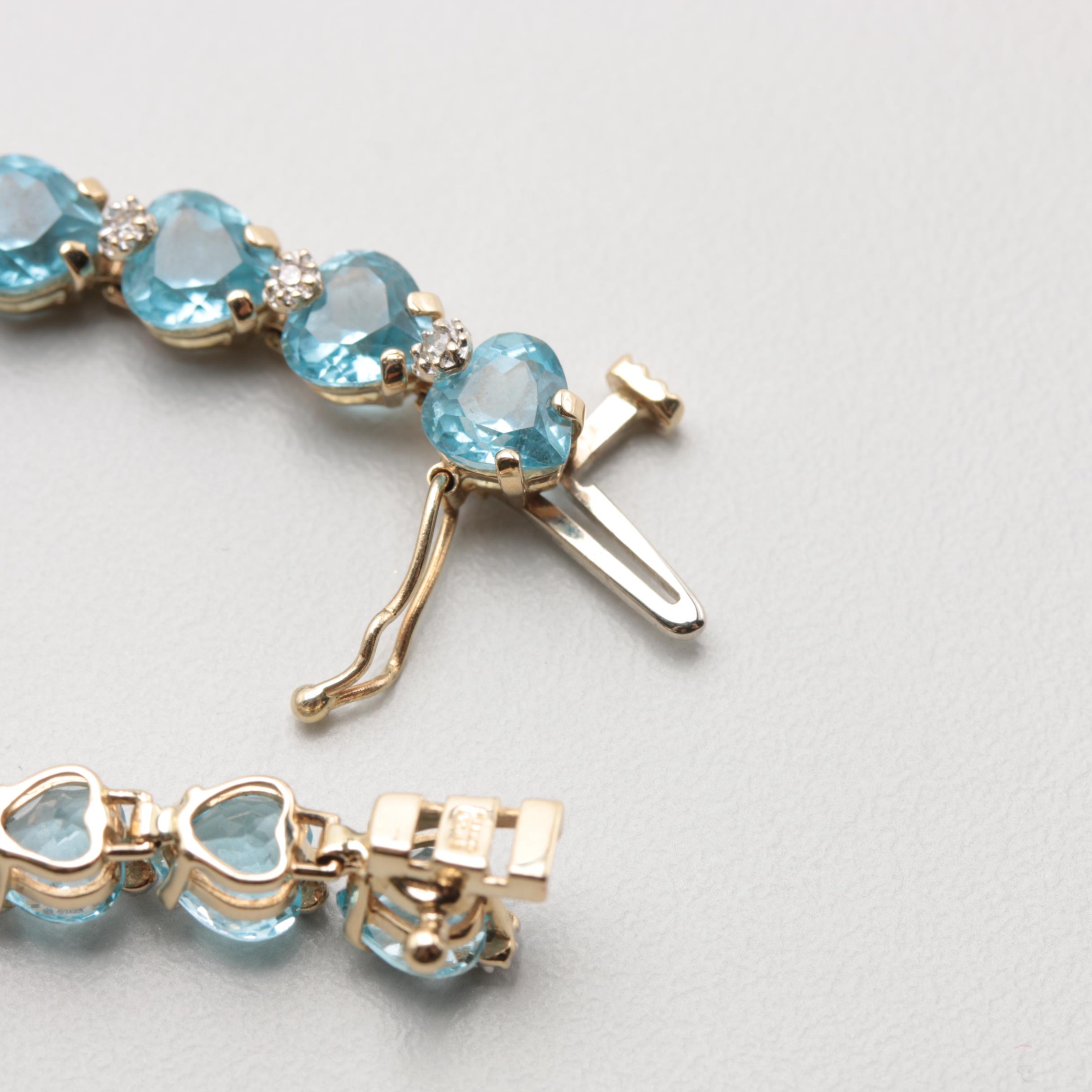 14K Yellow Gold Topaz and Diamond Heart Bracelet