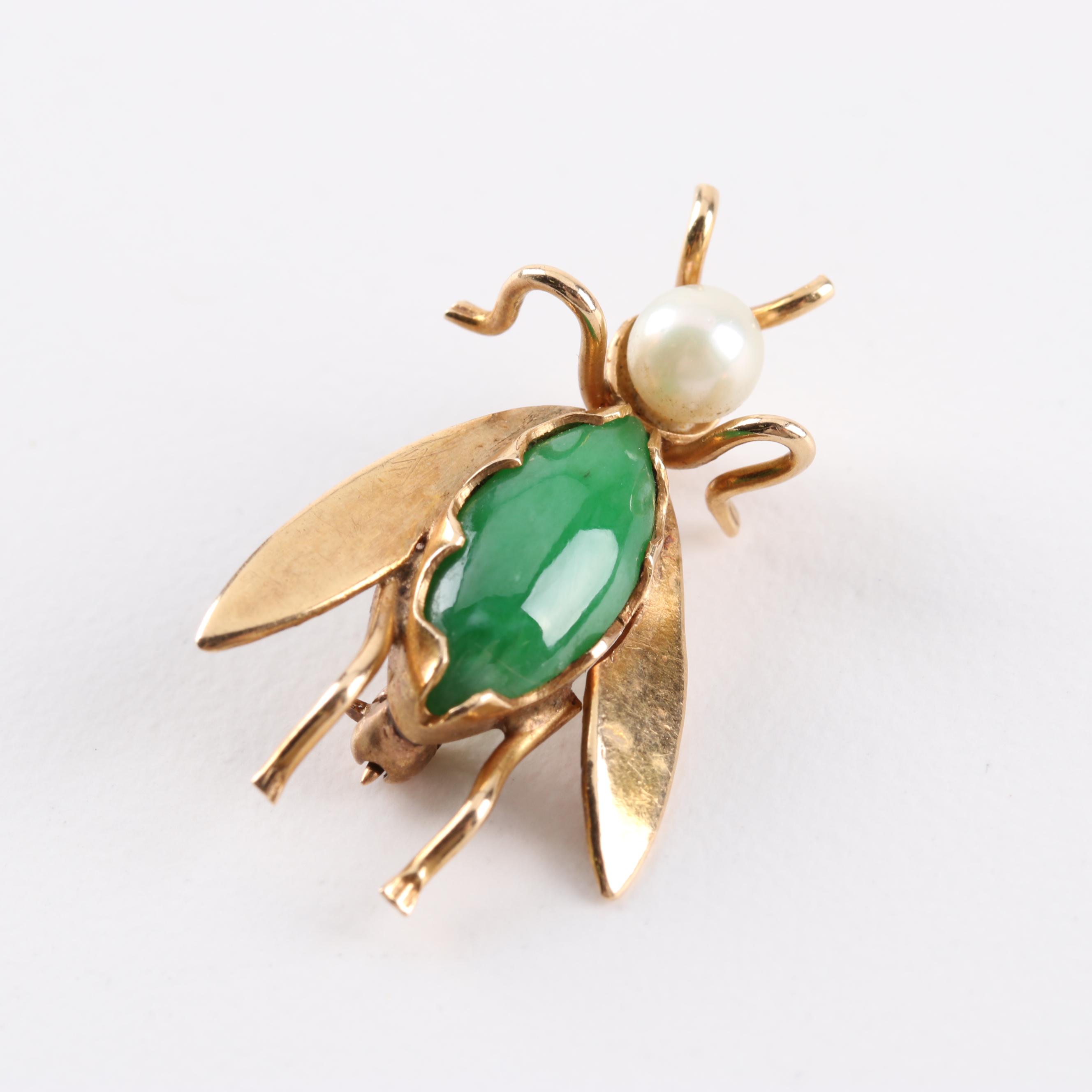 14K Yellow Gold, Jadeite, and Cultured Pearl Brooch