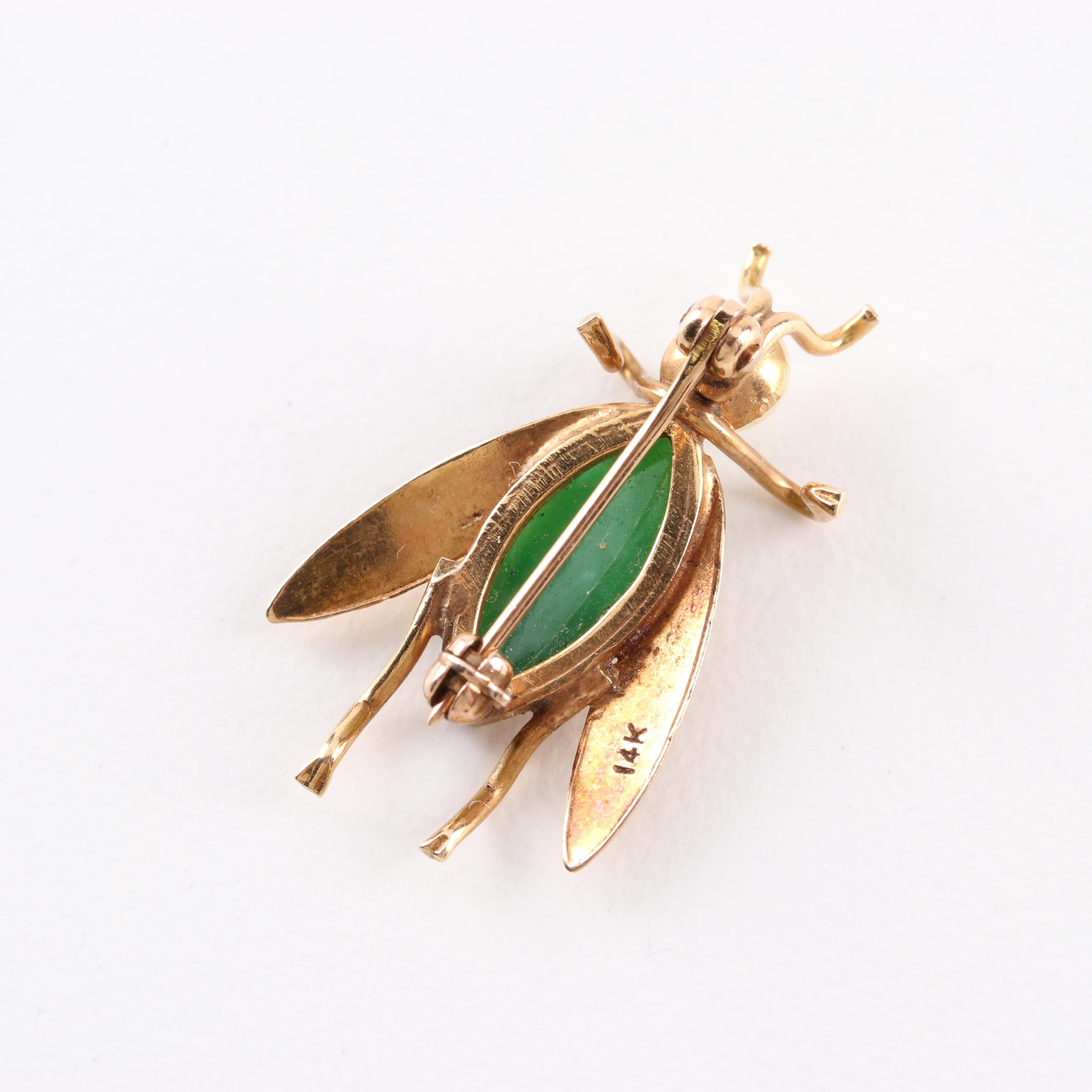14K Yellow Gold, Jadeite, and Cultured Pearl Brooch