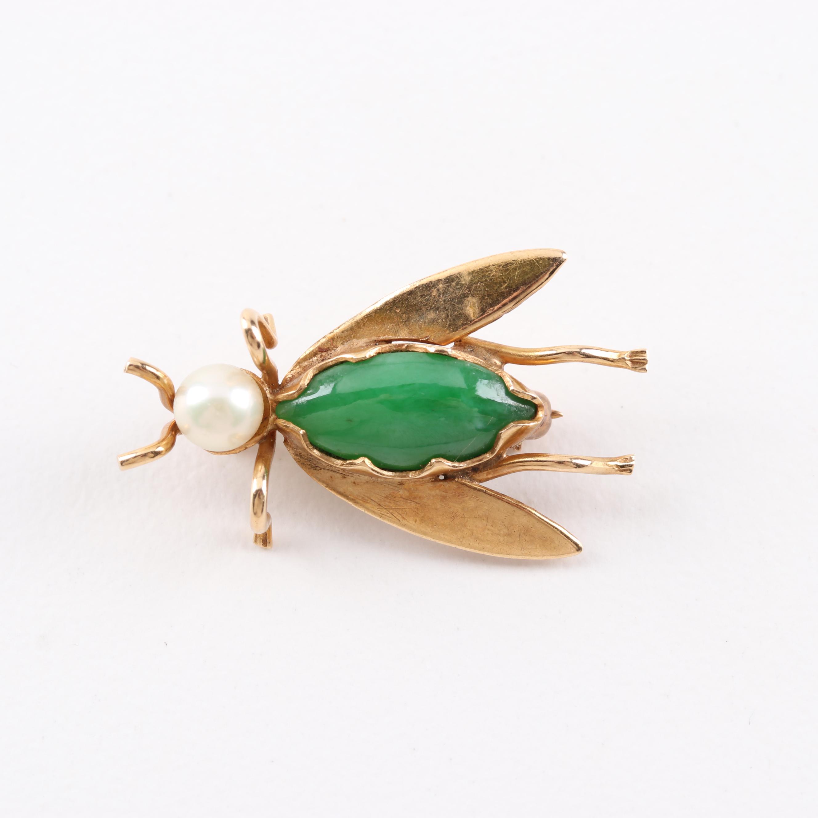 14K Yellow Gold, Jadeite, and Cultured Pearl Brooch