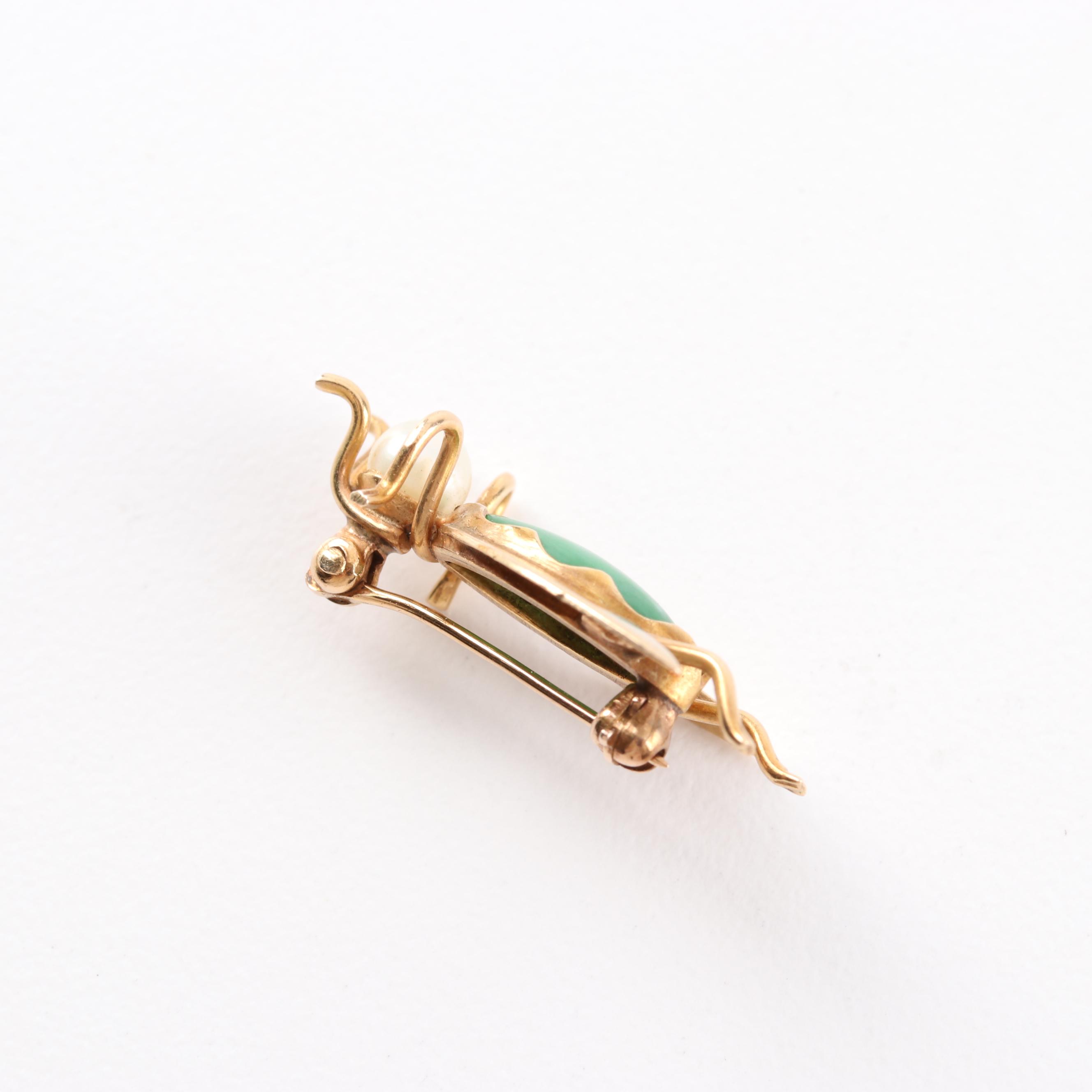 14K Yellow Gold, Jadeite, and Cultured Pearl Brooch