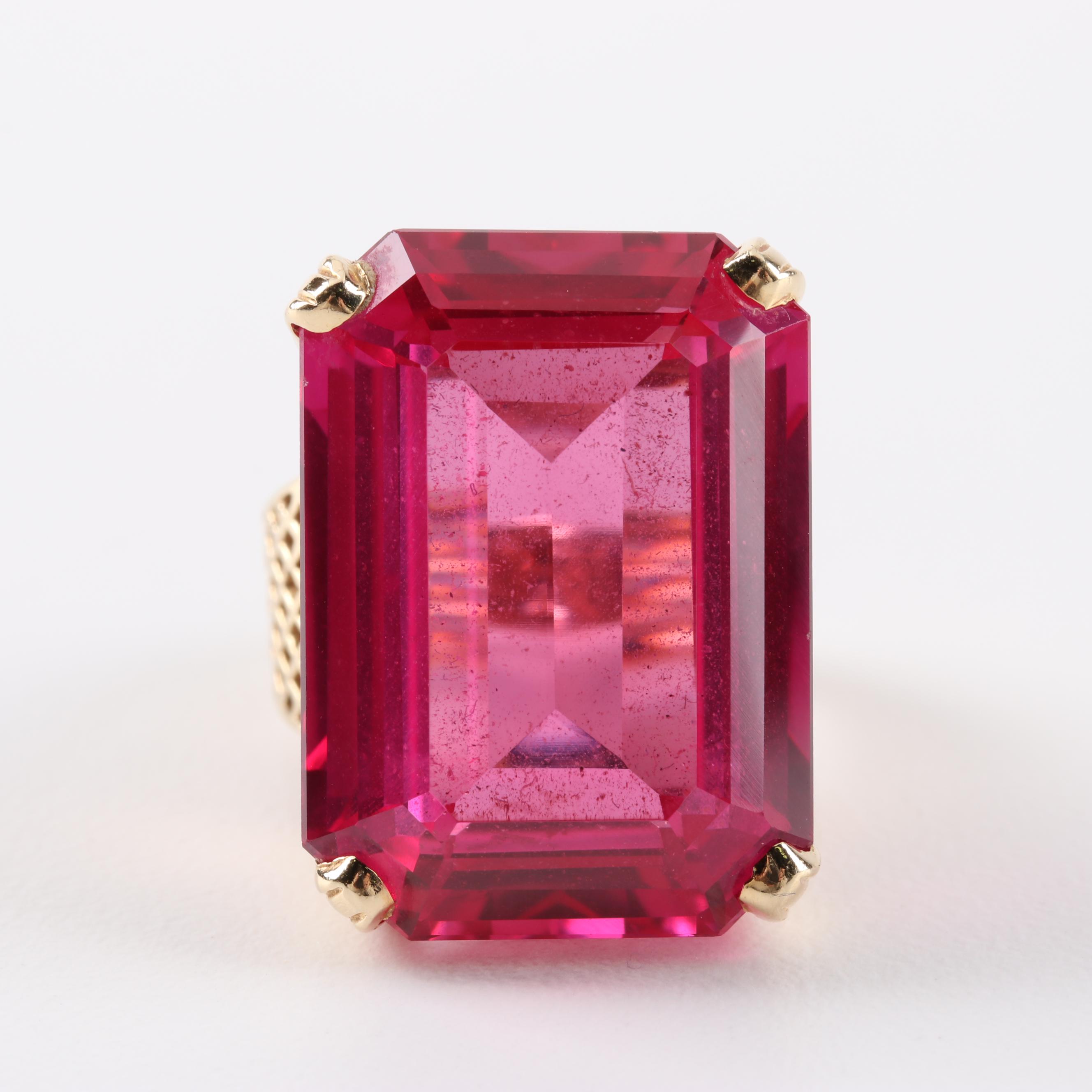 14K Yellow Gold and 44.78 CT Synthetic Pink Sapphire Cocktail Ring